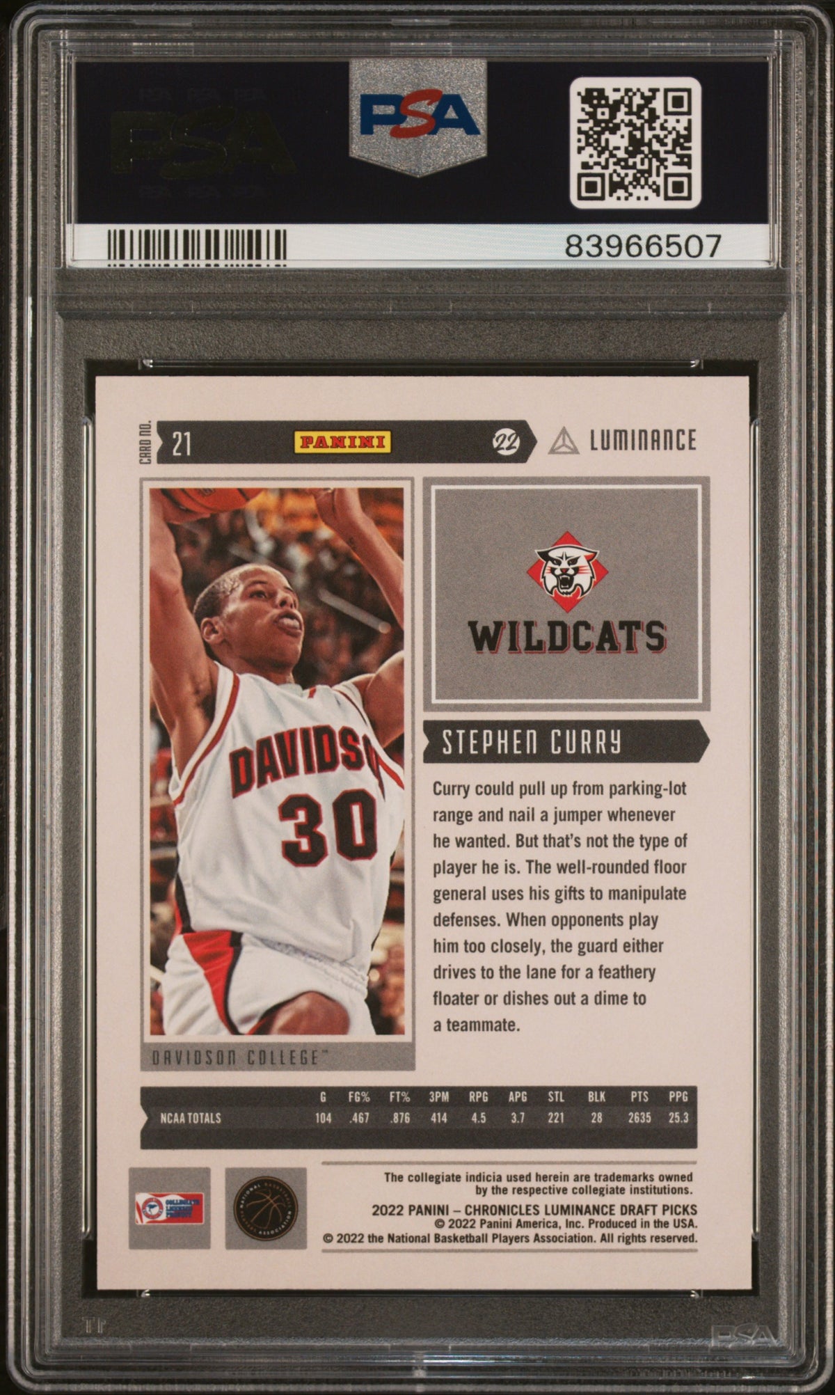 2022 Panini Chronicles Draft Picks Stephen Curry #21 Plat. 1/1 PSA A Auto 10