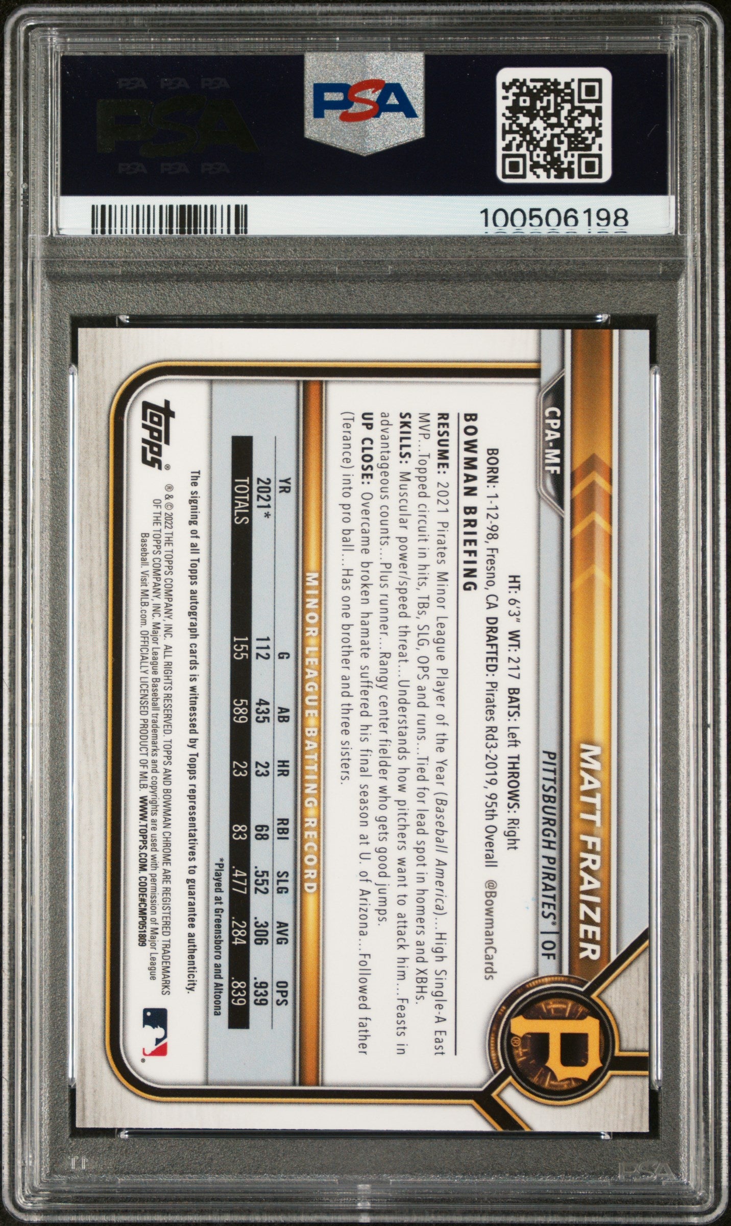 2022 Bowman Chrome Prospect Autographs Matt Fraizer #CPAMF Autograph PSA 10