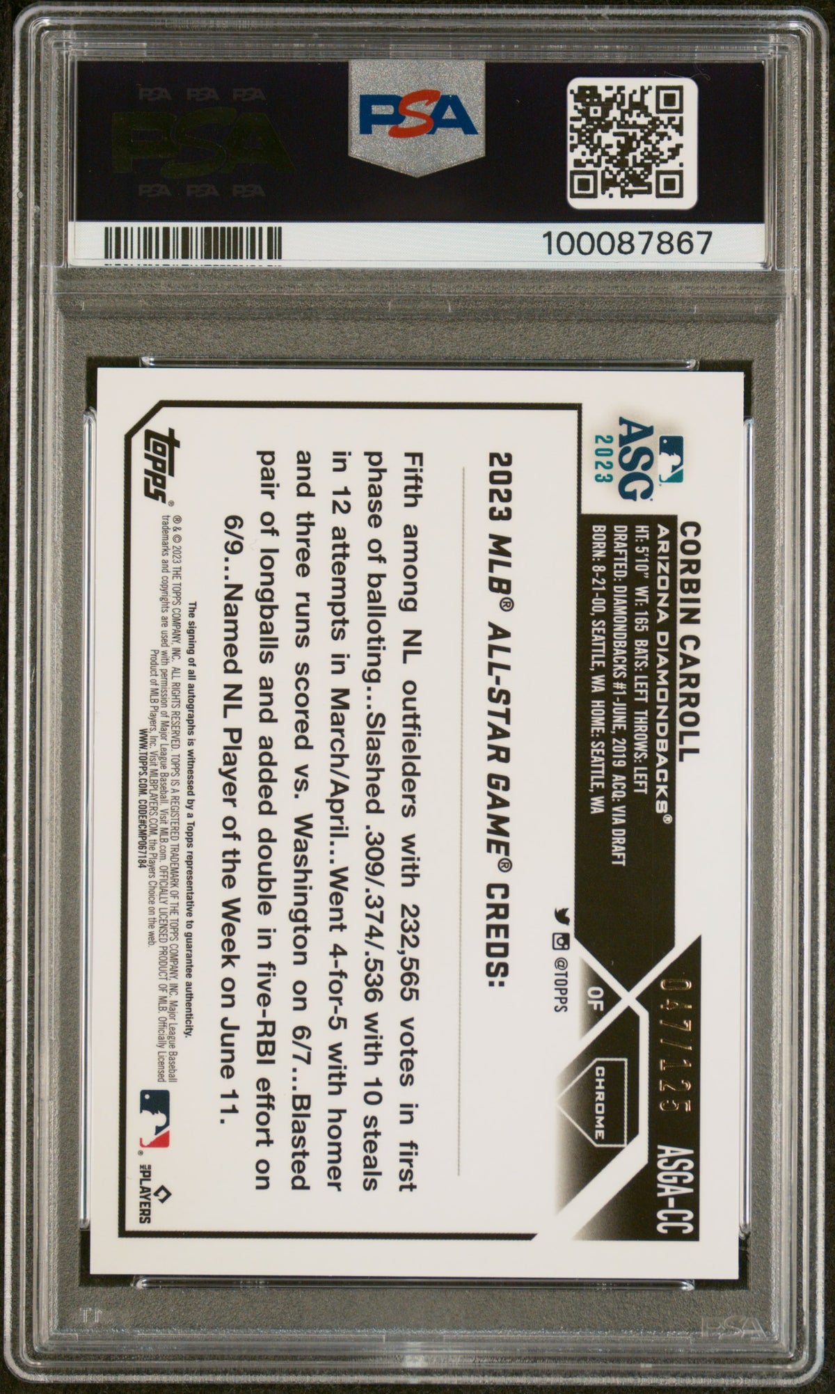 2023 Topps Chrome 2023 All-Star Game Auto Corbin Carroll #CC X Fractor PSA 10