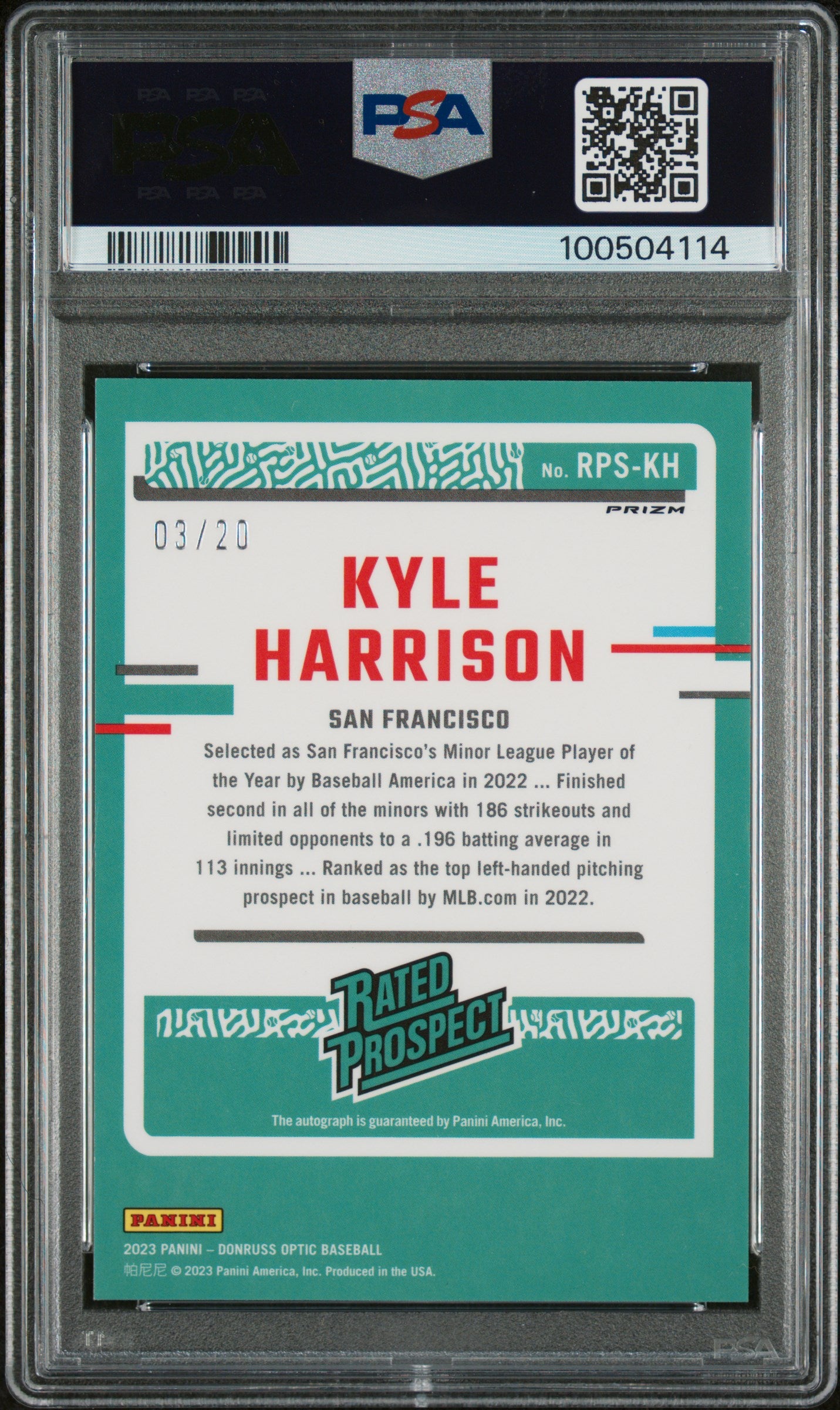 2023 Panini Donruss Optic Rated Prospect Auto Kyle Harrison Blue Mojo PSA 10
