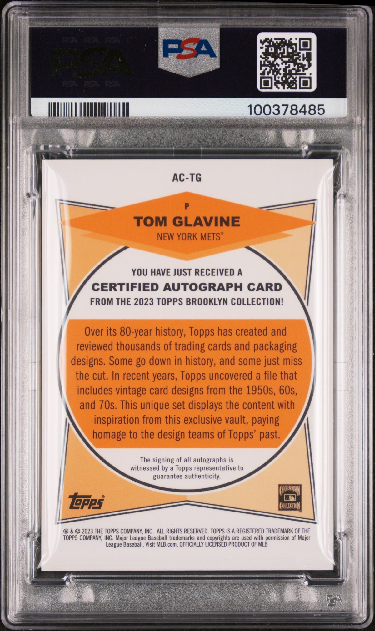 2023 Topps Brooklyn Collection Autograph Tom Glavine #TG 76/99 PSA 10