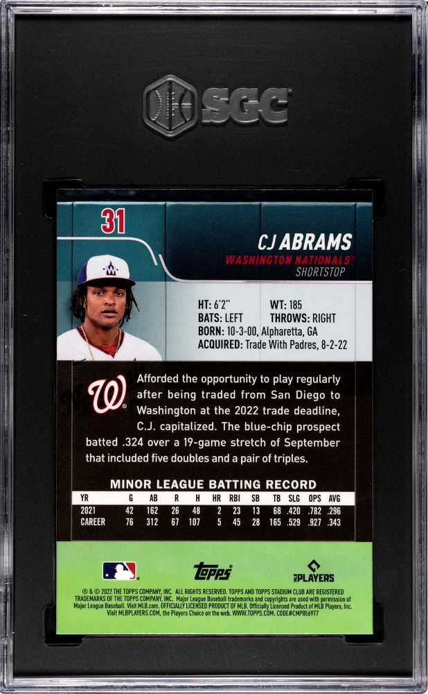 2022 Topps Stadium Club Chrome CJ Abrams #31 SGC 10