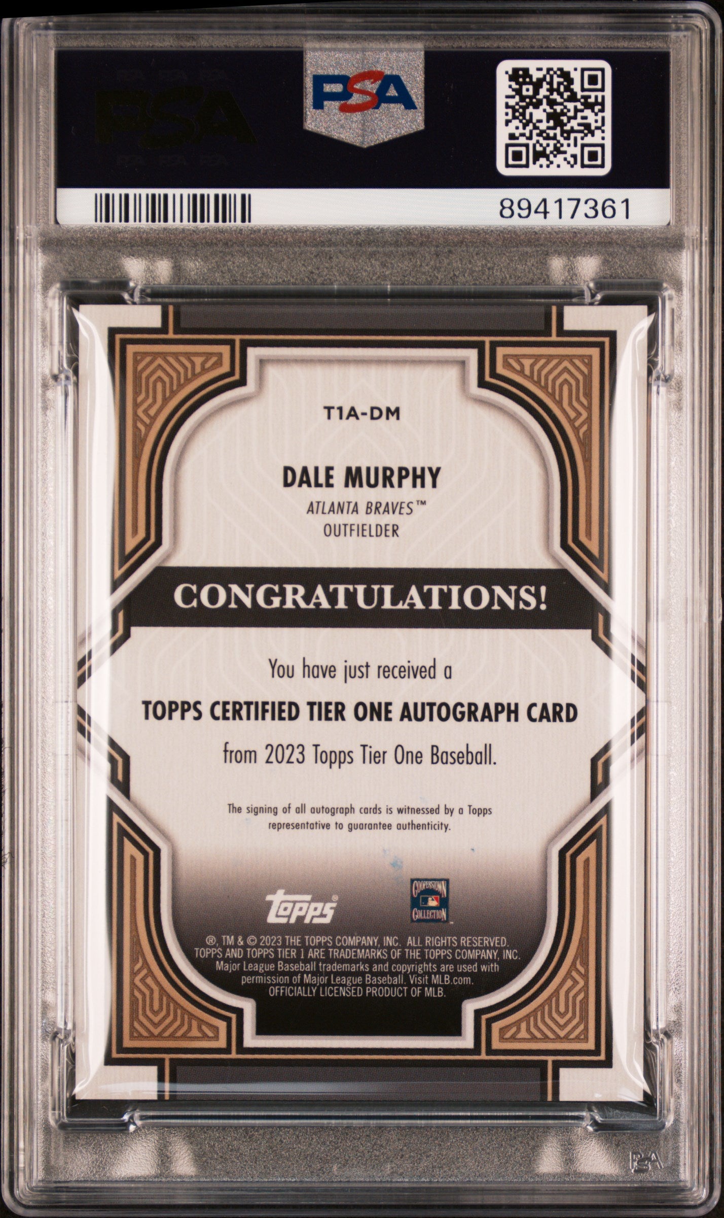 2023 Topps Tier One Autographs Dale Murphy #T1ADM 016/149 PSA 9