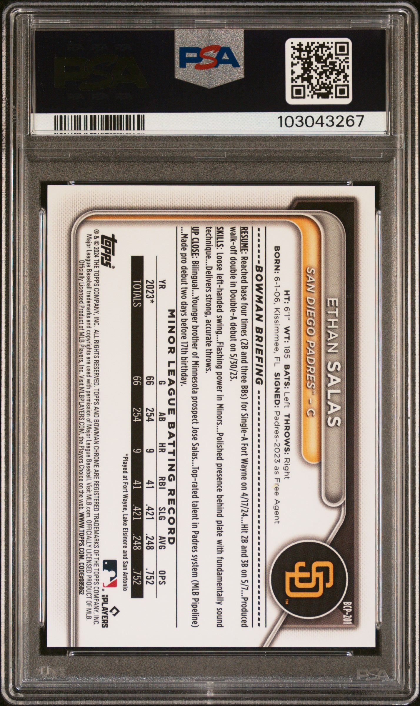 2024 Bowman Chrome Sapphire Prospects Ethan Salas #201 Black 02/10 PSA 10