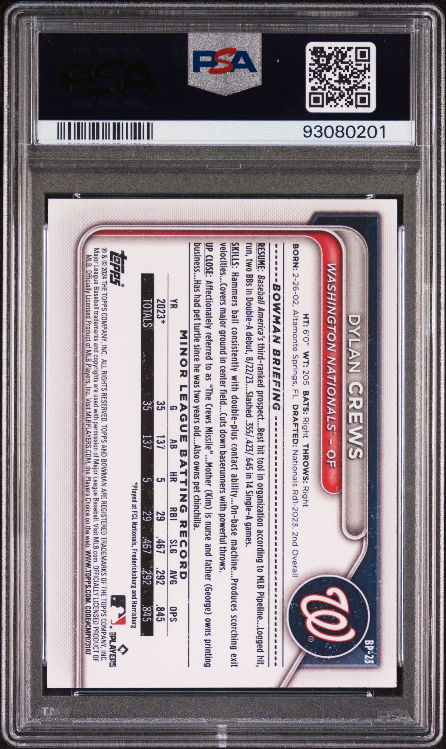 2024 Bowman Paper Prospects Dylan Crews #BP23 PSA 8
