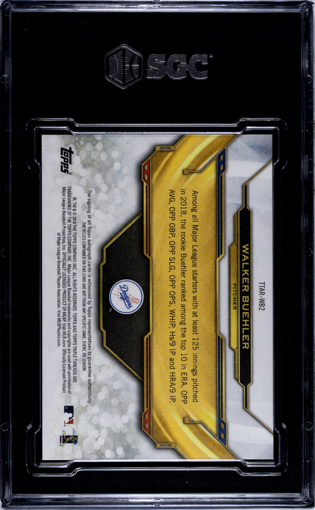 2019 Topps Triple Threads Walker Buehler #TTAR-WB2 Autograph Relic SGC 10