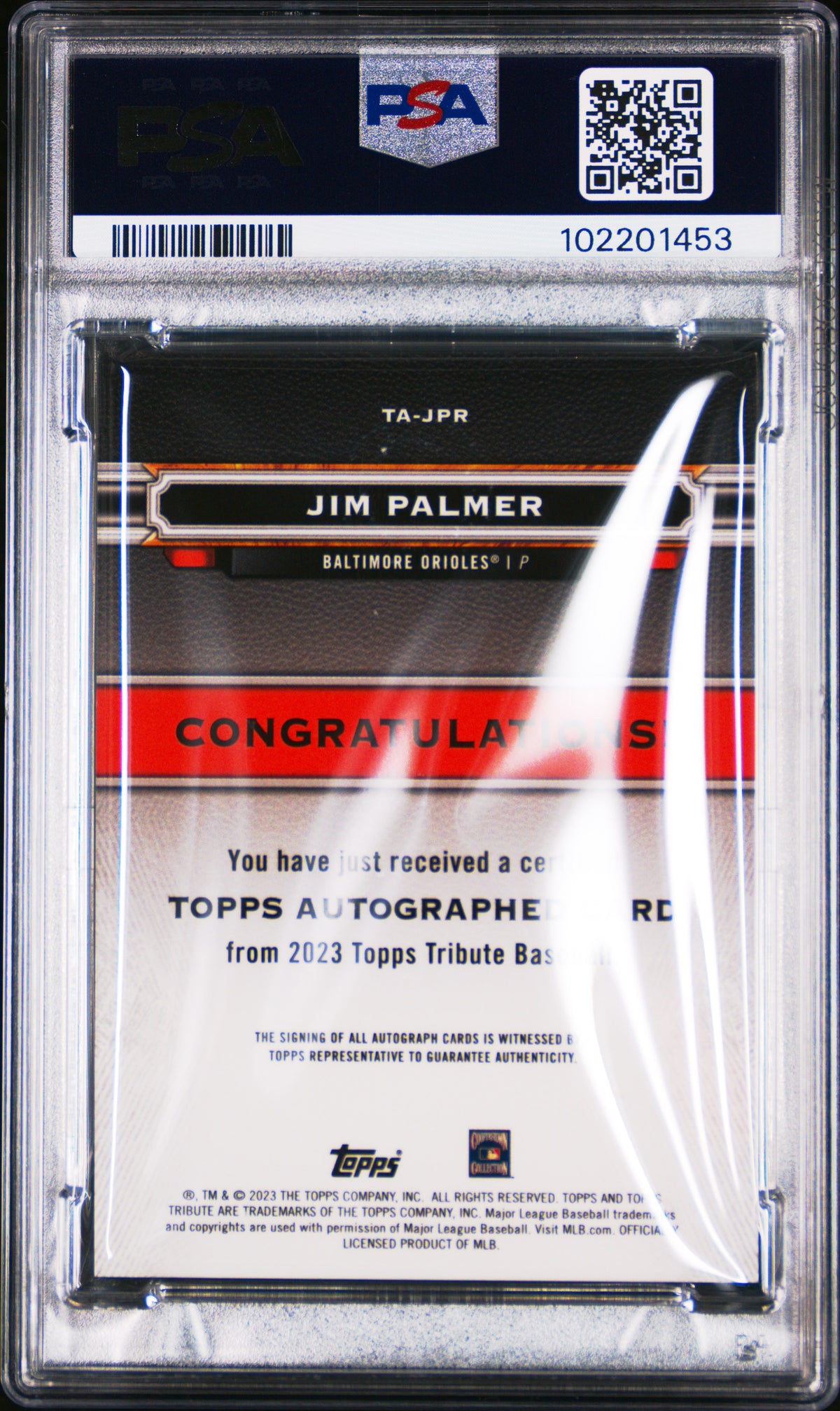 2023 Topps Tribute Tribute Autograph Jim Palmer #TAJPR Purple 39/50 PSA 9