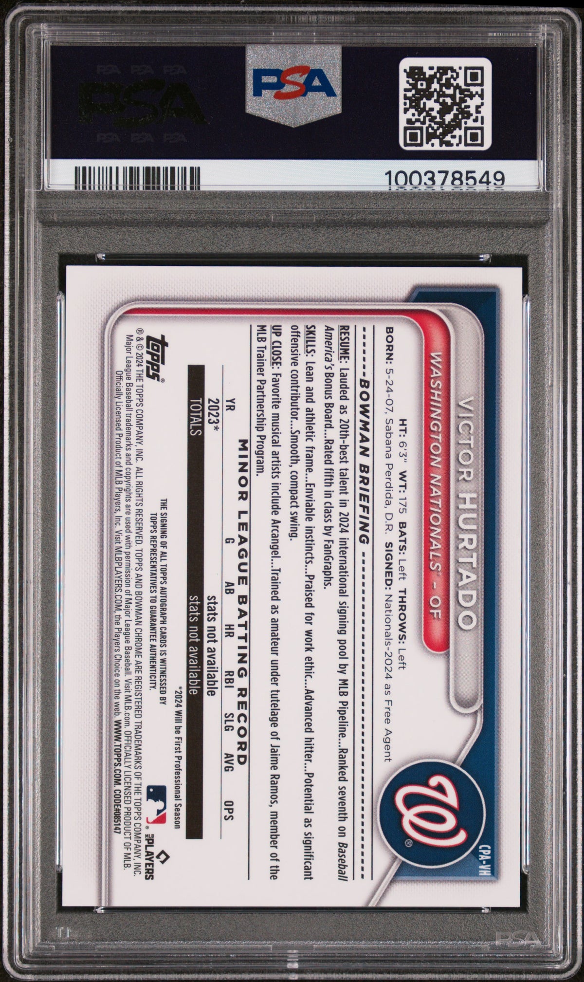 2024 Bowman Chrome Prospect Autographs Victor Hurtado #CPAVH Green Lava PSA 10