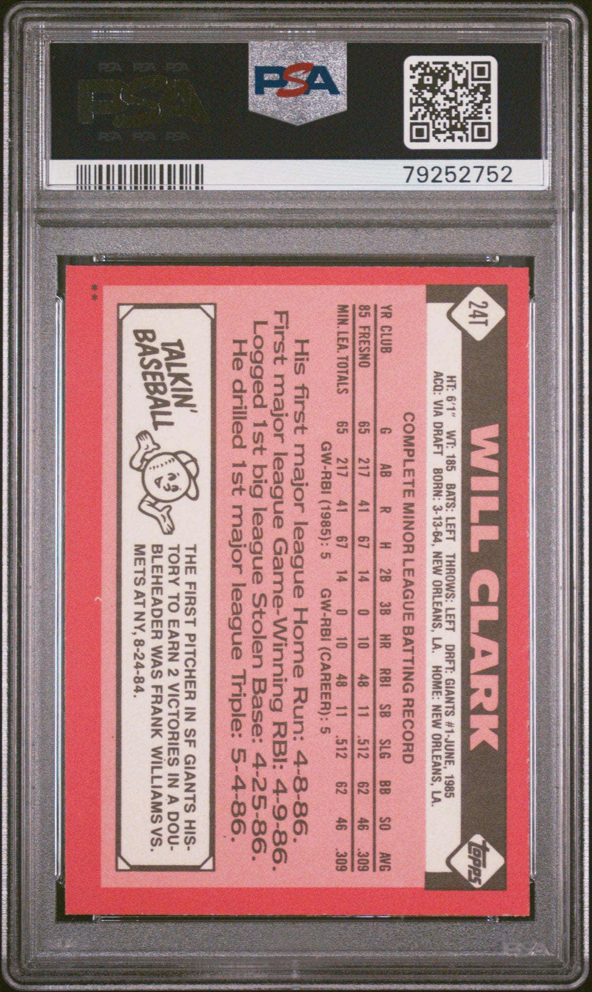 1986 Topps Traded Will Clark #24T PSA 9