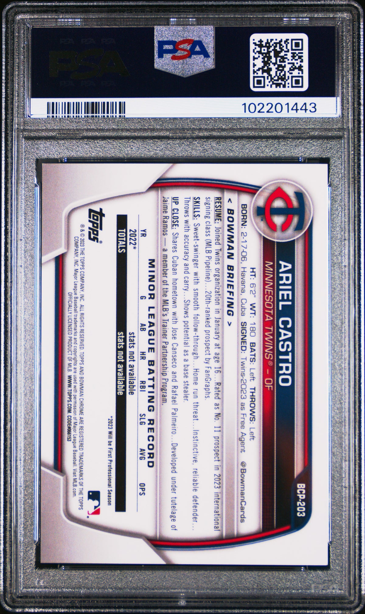 2023 Bowman Chrome Sapphire Prospects Ariel Castro #203 Orange 38/75 PSA 10