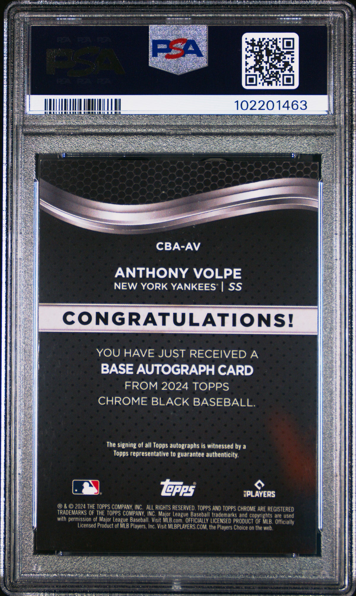 2024 Topps Chrome Black Autographs Anthony Volpe #AV PSA 10