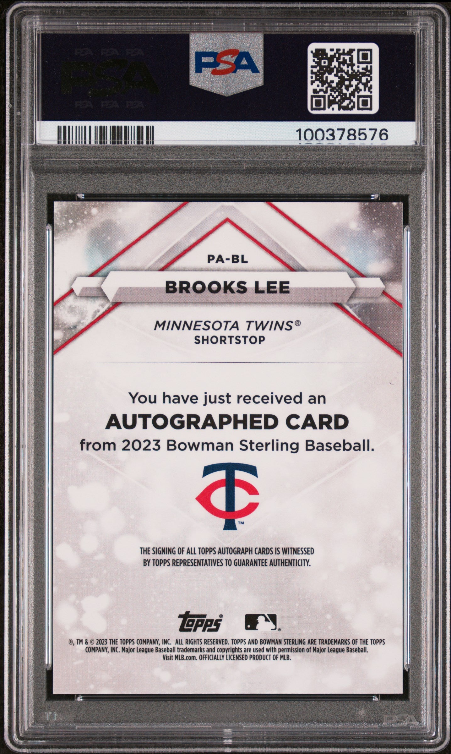 2023 Bowman Sterling Prospect Autographs Brooks Lee #PABL Gold Ref 36/50 PSA 10