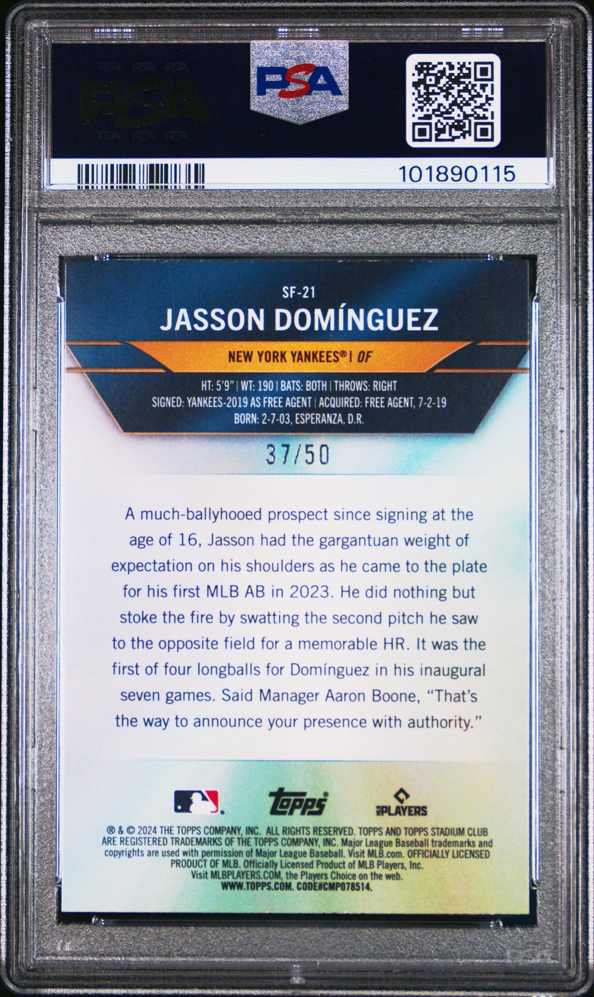 2024 Topps Stadium Club Special Forces Jasson Dominguez #SF21 Green Foil PSA 7
