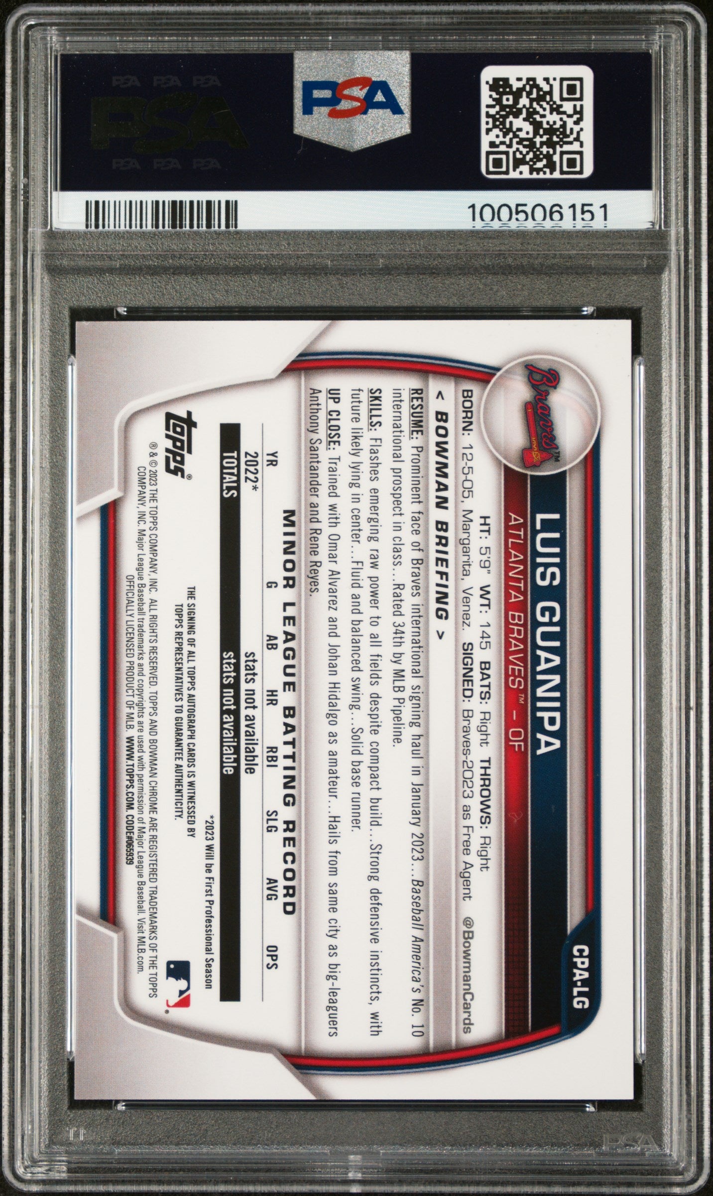 2023 Bowman Chrome Prospect Auto Luis Guanipa #CPALG Purple /250 PSA 9