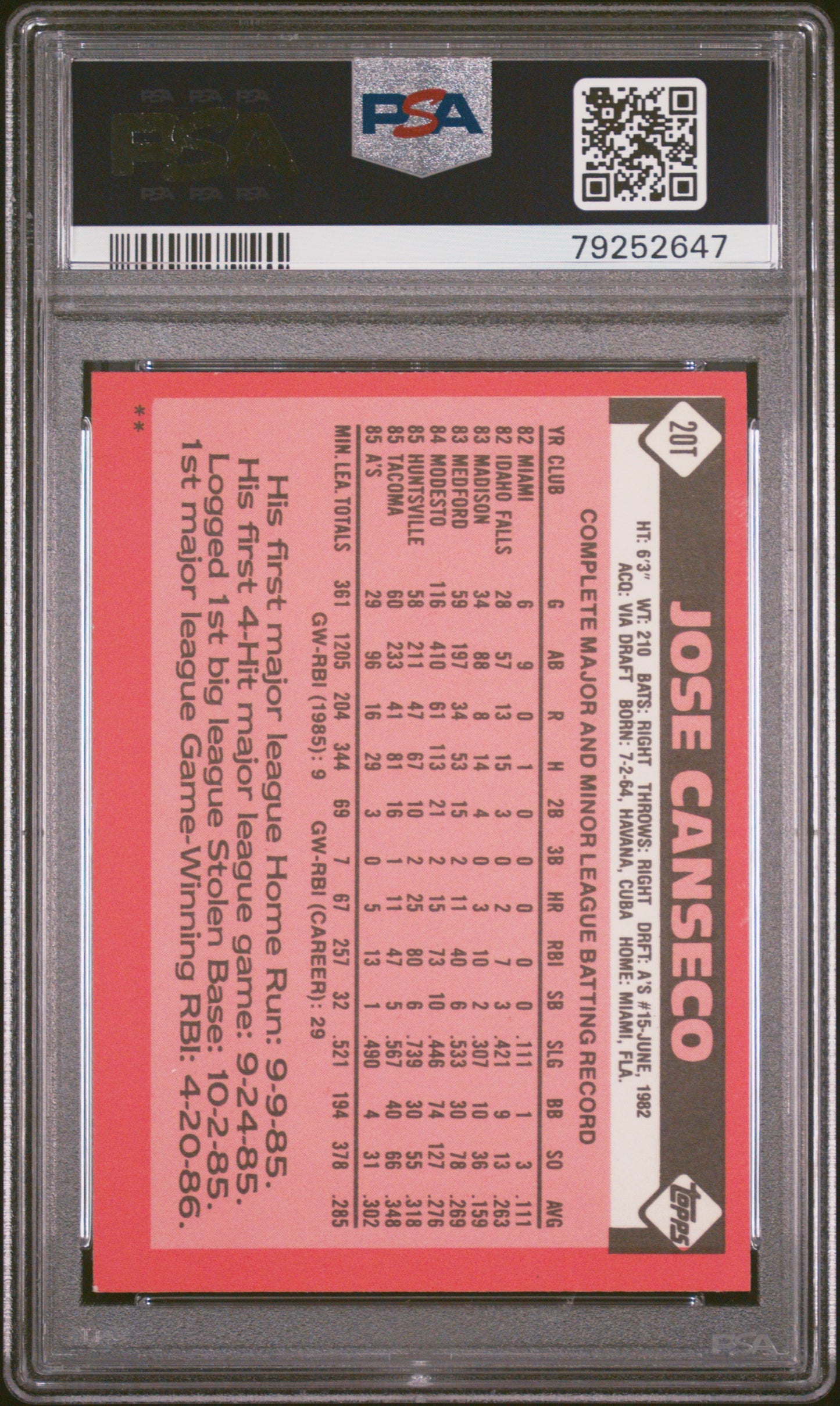 1986 Topps Traded Jose Canseco #20T PSA 8