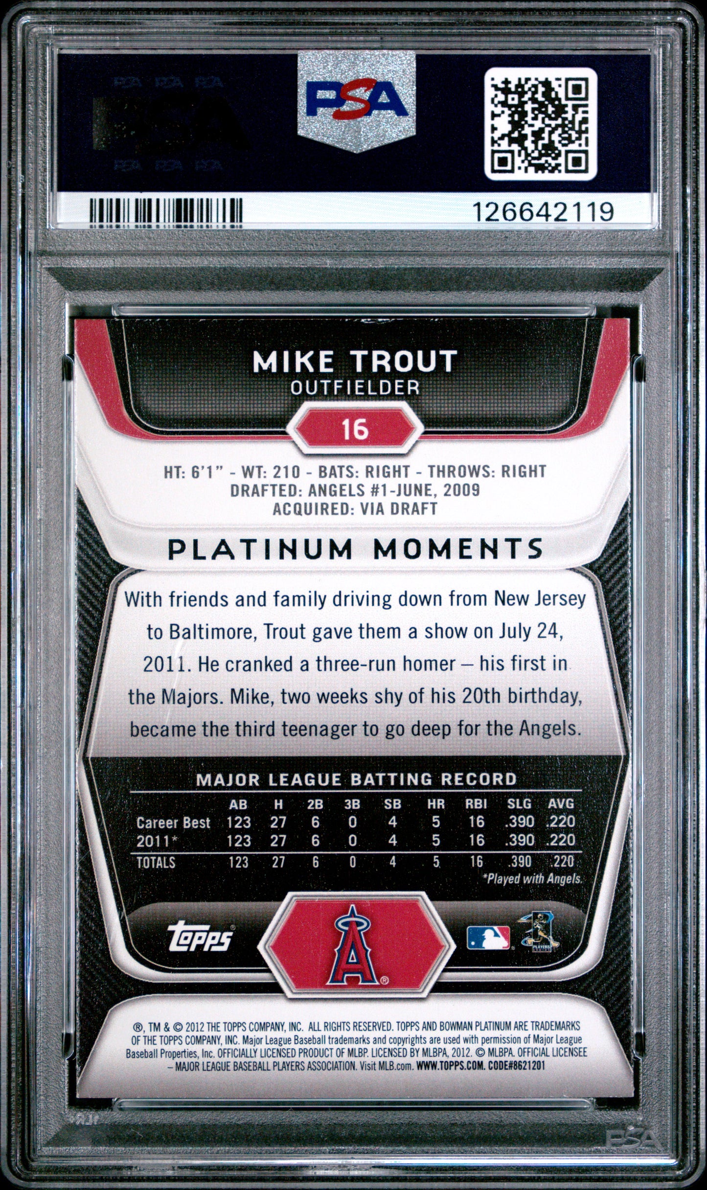 2012 Bowman Platinum Mike Trout #16 Emerald PSA 7