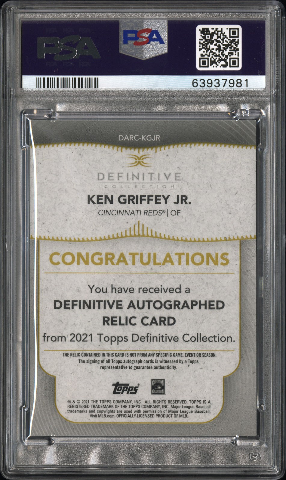 2021 Topps Definitive Auto Ken Griffey JR. #KGJR Auto Purple 5/5 PSA 10