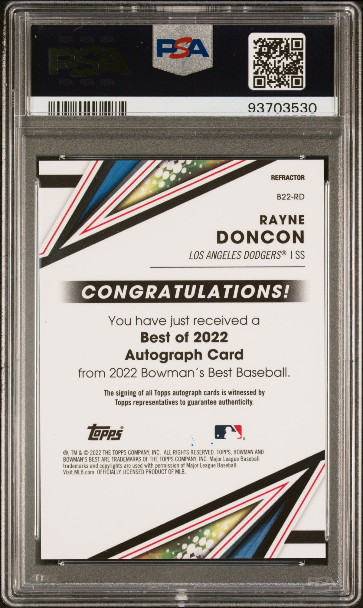 2022 Bowman's Best Best Of 2022 Autographs Rayne Doncon #B22RD Refractor PSA 8