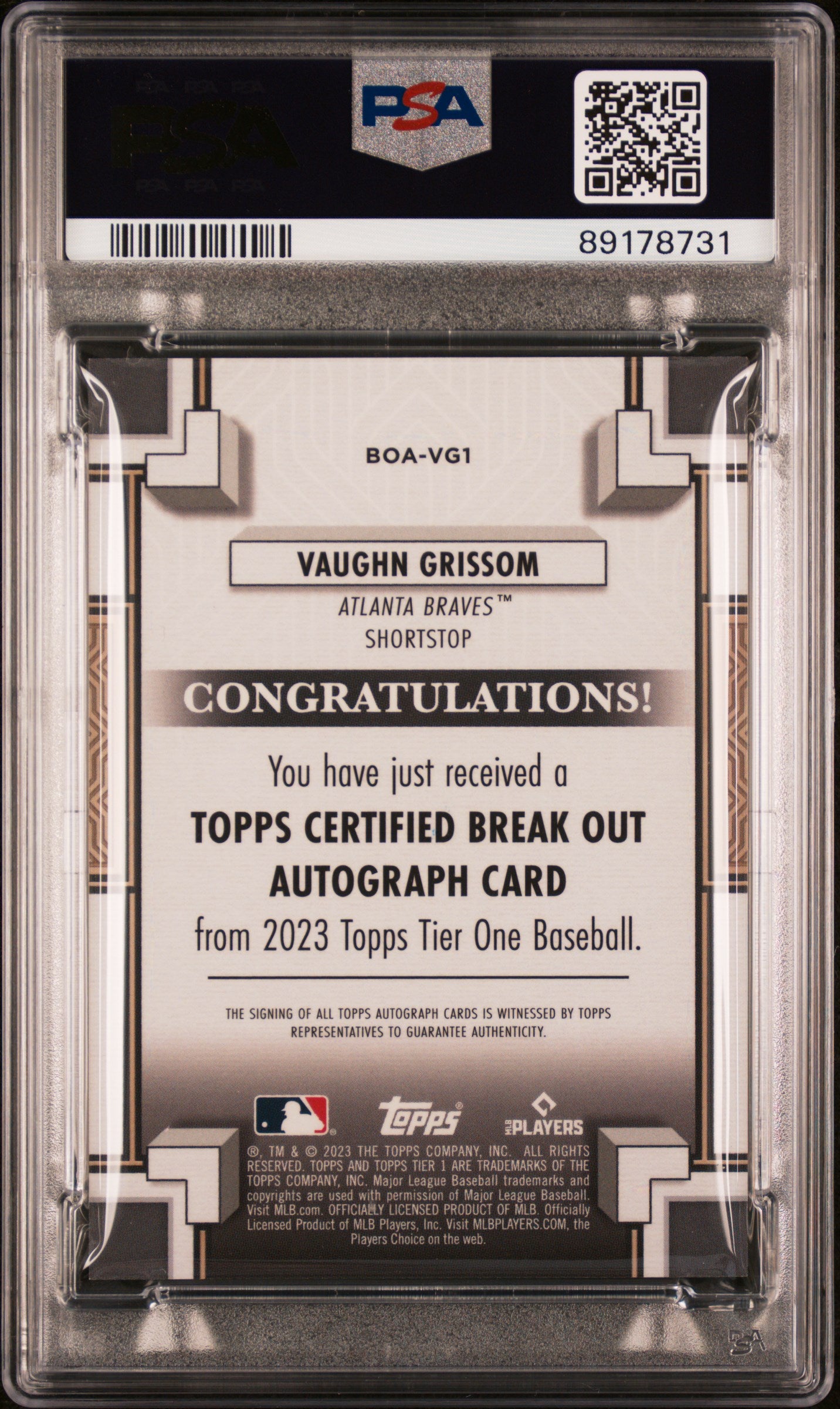 2023 Topps Tier One Break Out Autographs Vaughn Grissom #BOAVG1 274/299 PSA 10