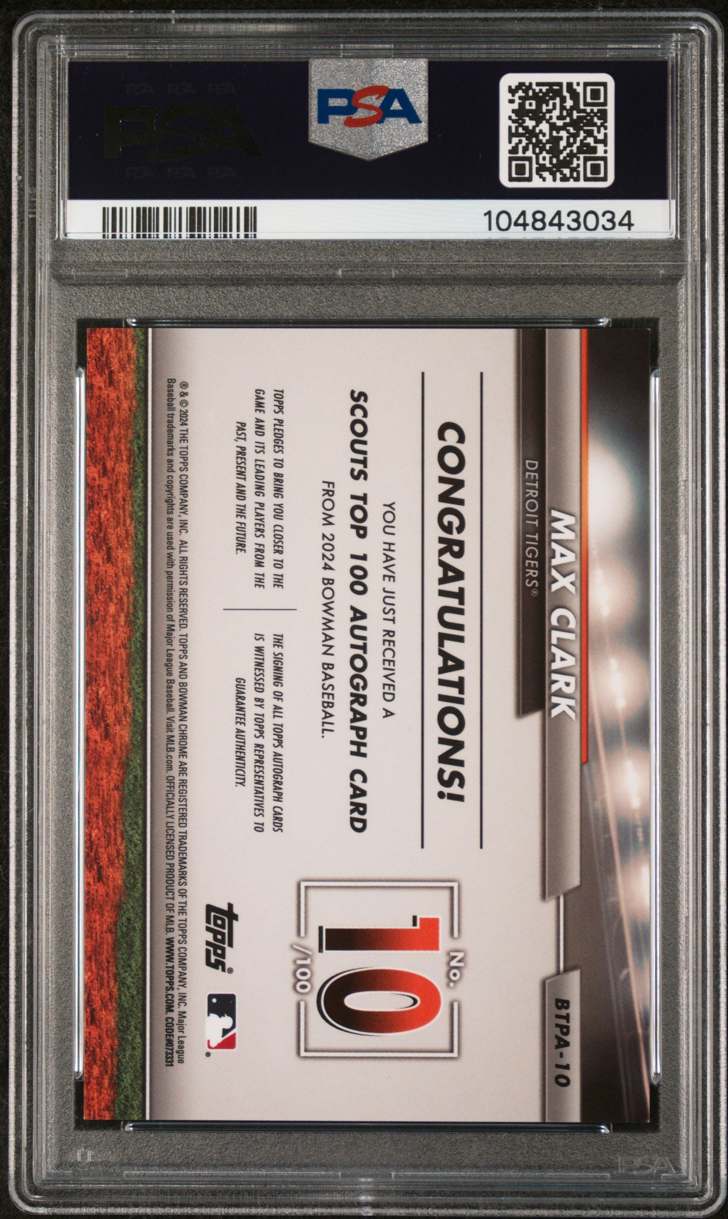 2024 Bowman Bowman Scouts' Top 100 Autographs Max Clark #10 /100 PSA 9