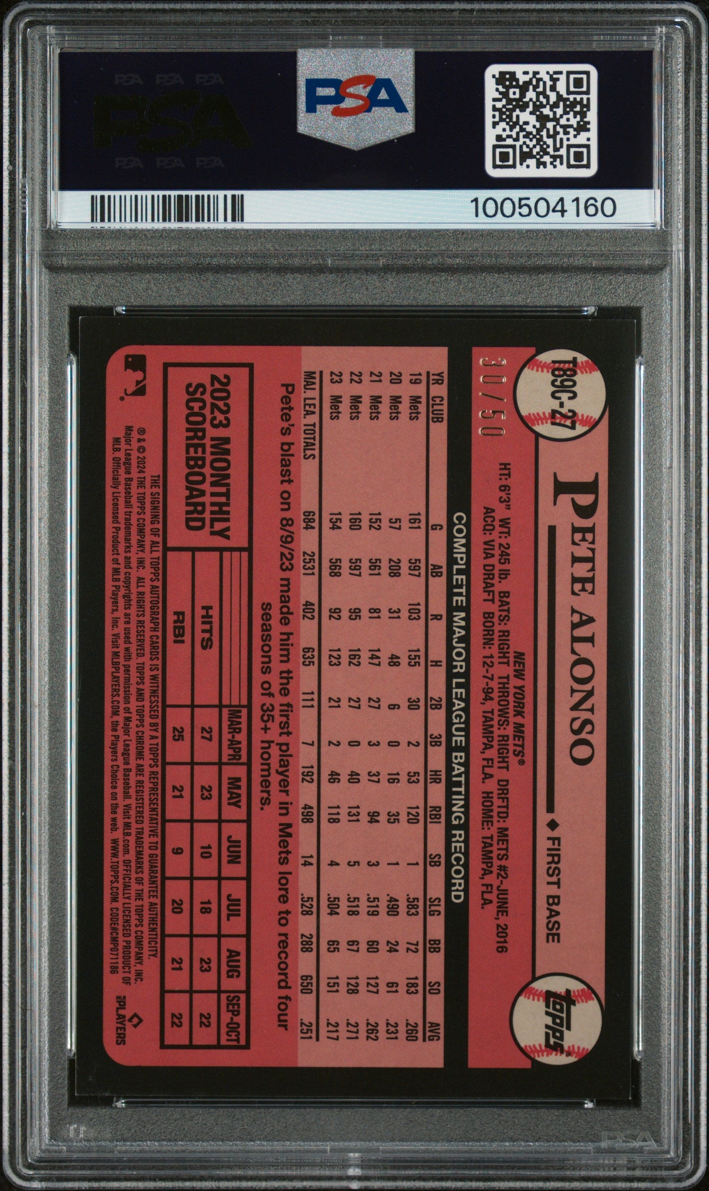 2024 Topps Silver Chrome Promo Pete Alonso #T89C27 Auto Gold Refractor PSA 10
