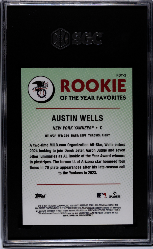2024 Bowman Austin Wells #ROY-2 Roy Favorites Mini Diamond Refractor SGC 8
