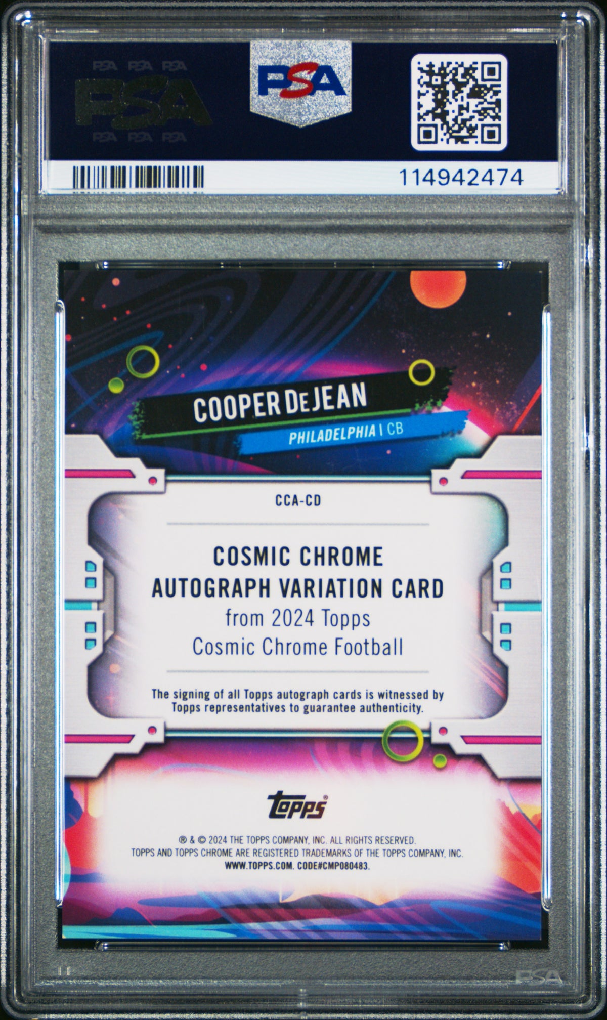 2024 Topps Cosmic Cosmic Chrome Auto Cooper Dejean #CD Black Eclipse /10 PSA 9