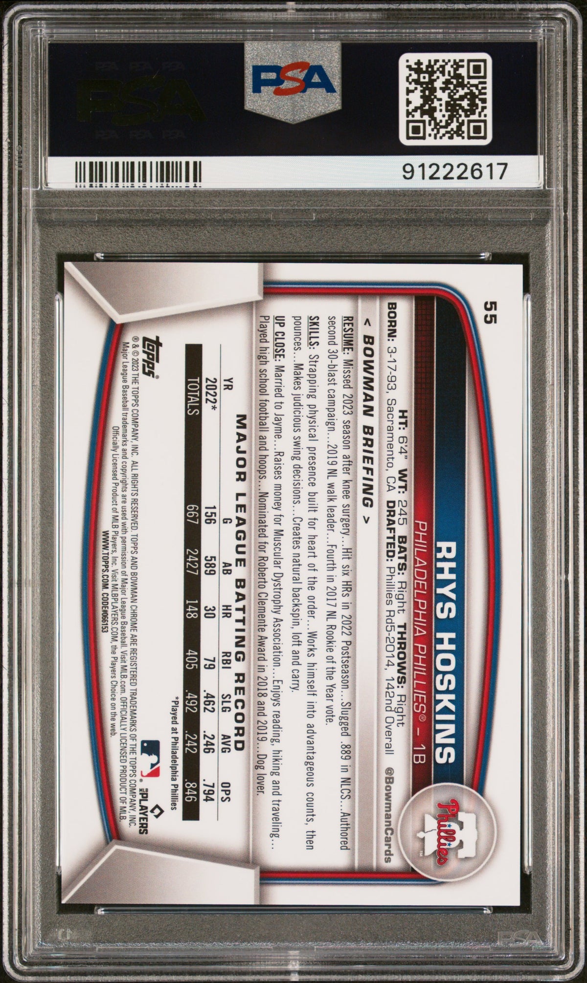 2023 Bowman Chrome Sapphire Edition Rhys Hoskins #55 Orange 50/75 PSA 10