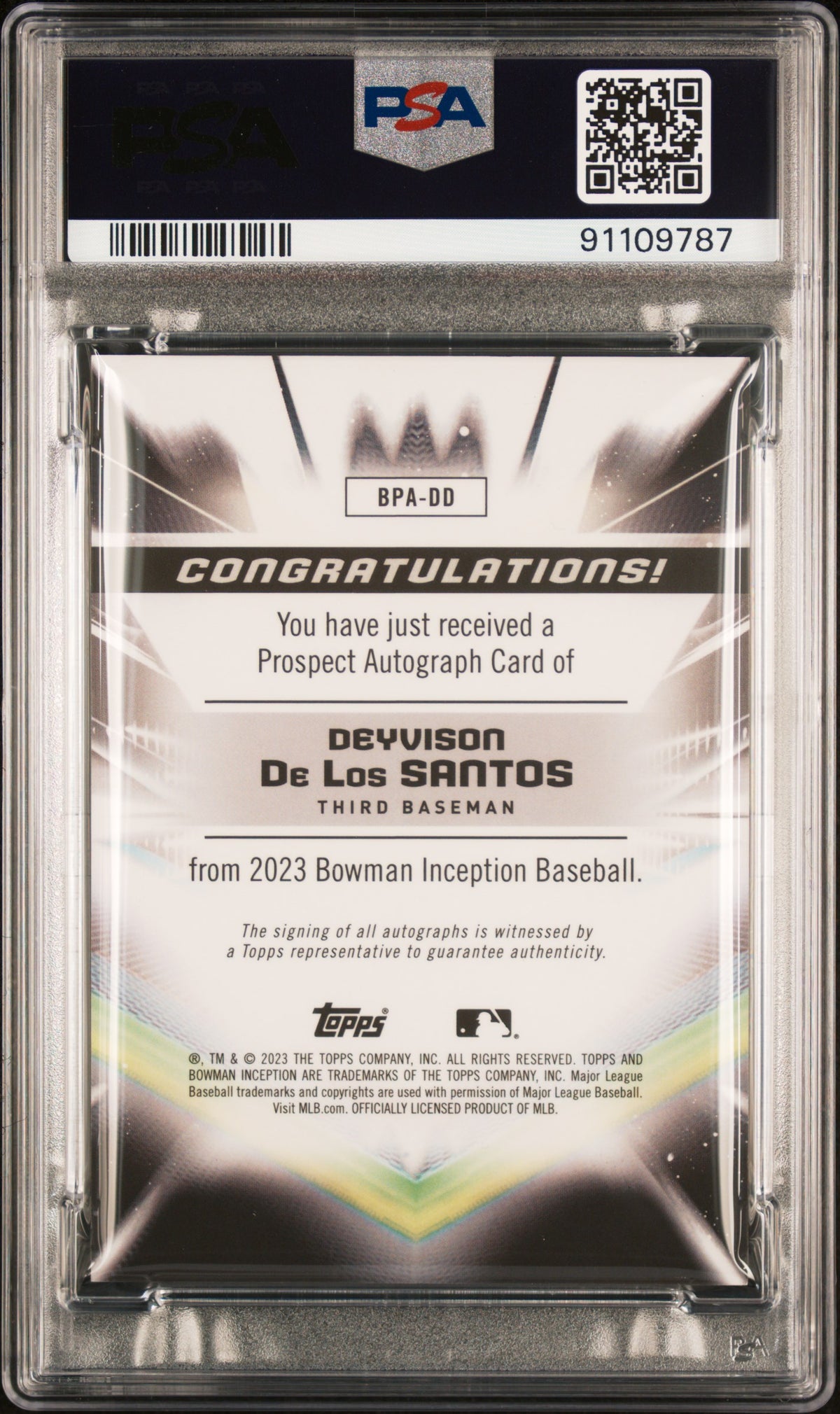 2023 Bowman Inception Autographs D. De Los Santos #BPADD 123/200 PSA 9