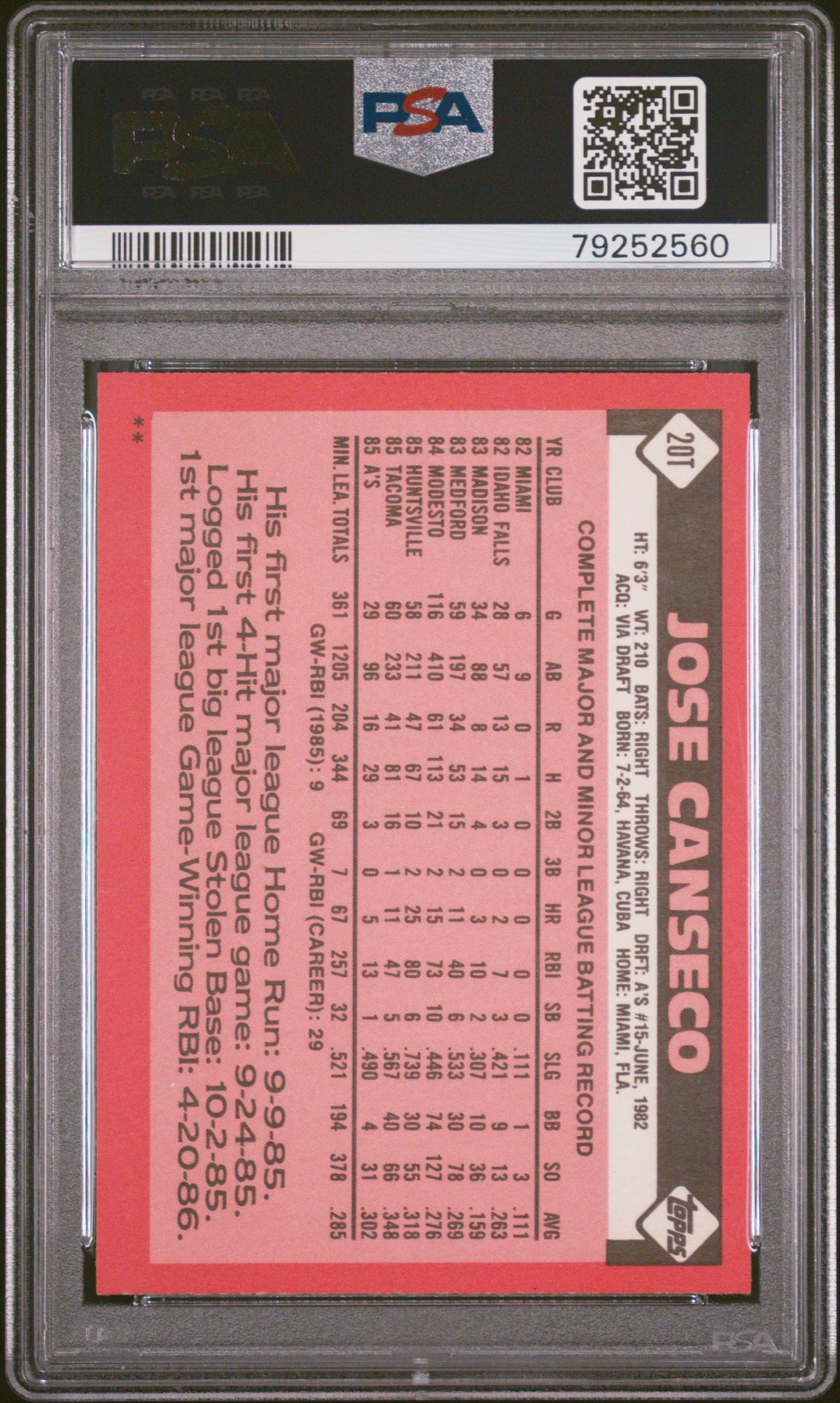 1986 Topps Traded Jose Canseco #20T PSA 8