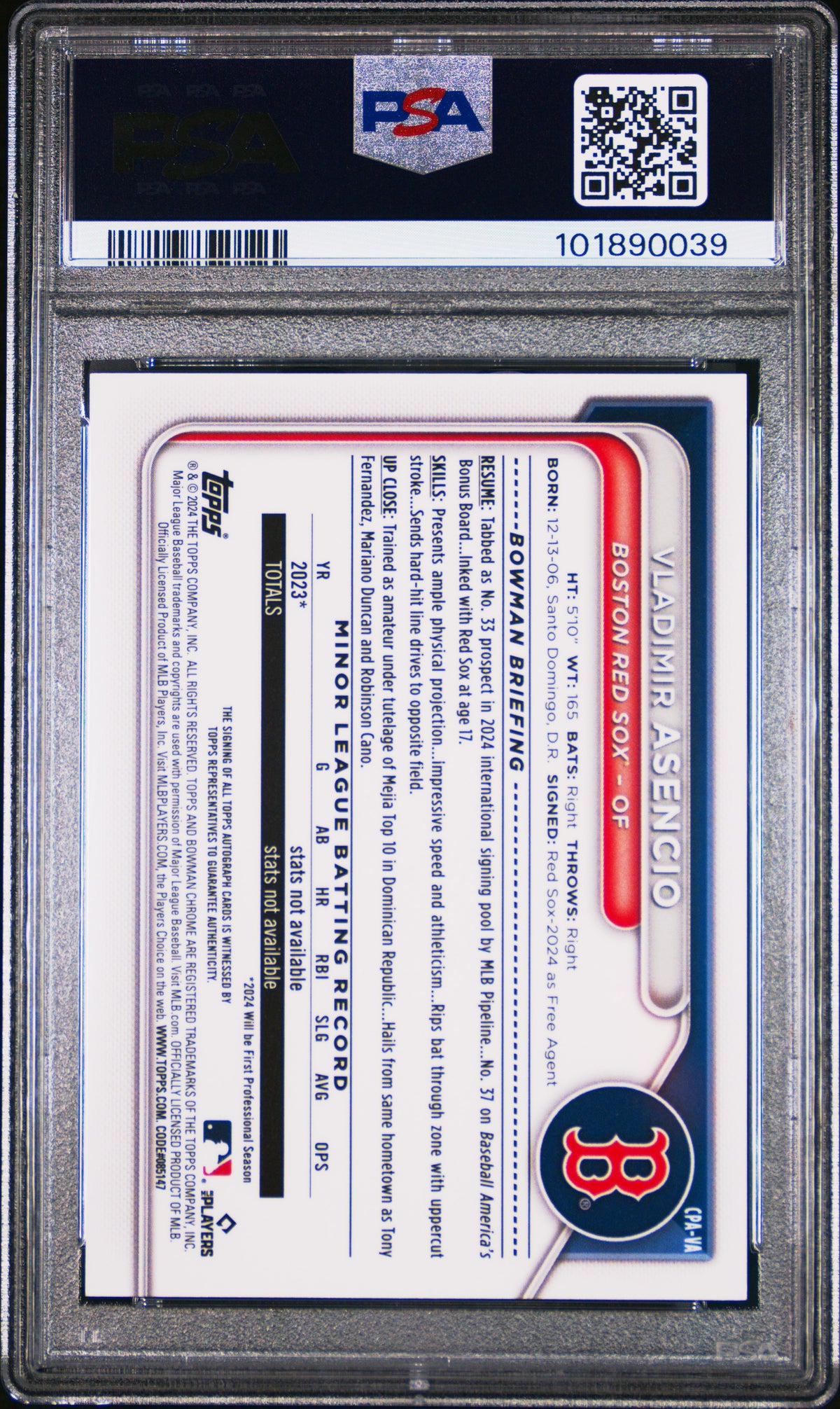 2024 Bowman Chrome Prospect Auto Vladimir Asencio Hta Choice Ref /150 PSA 9