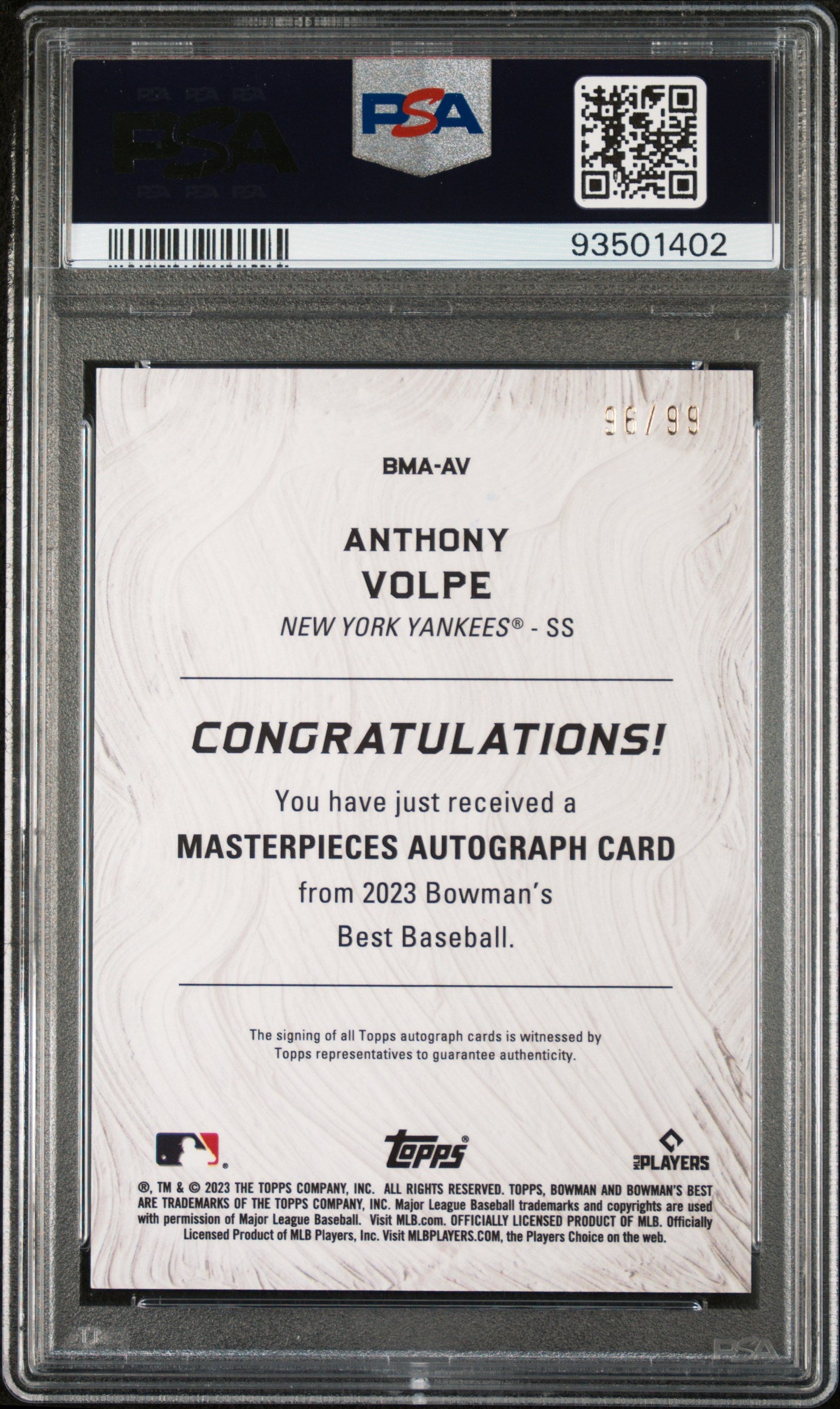2023 Bowman's Best Bowman Masterpieces Autographs Anthony Volpe #BMAAV PSA 9