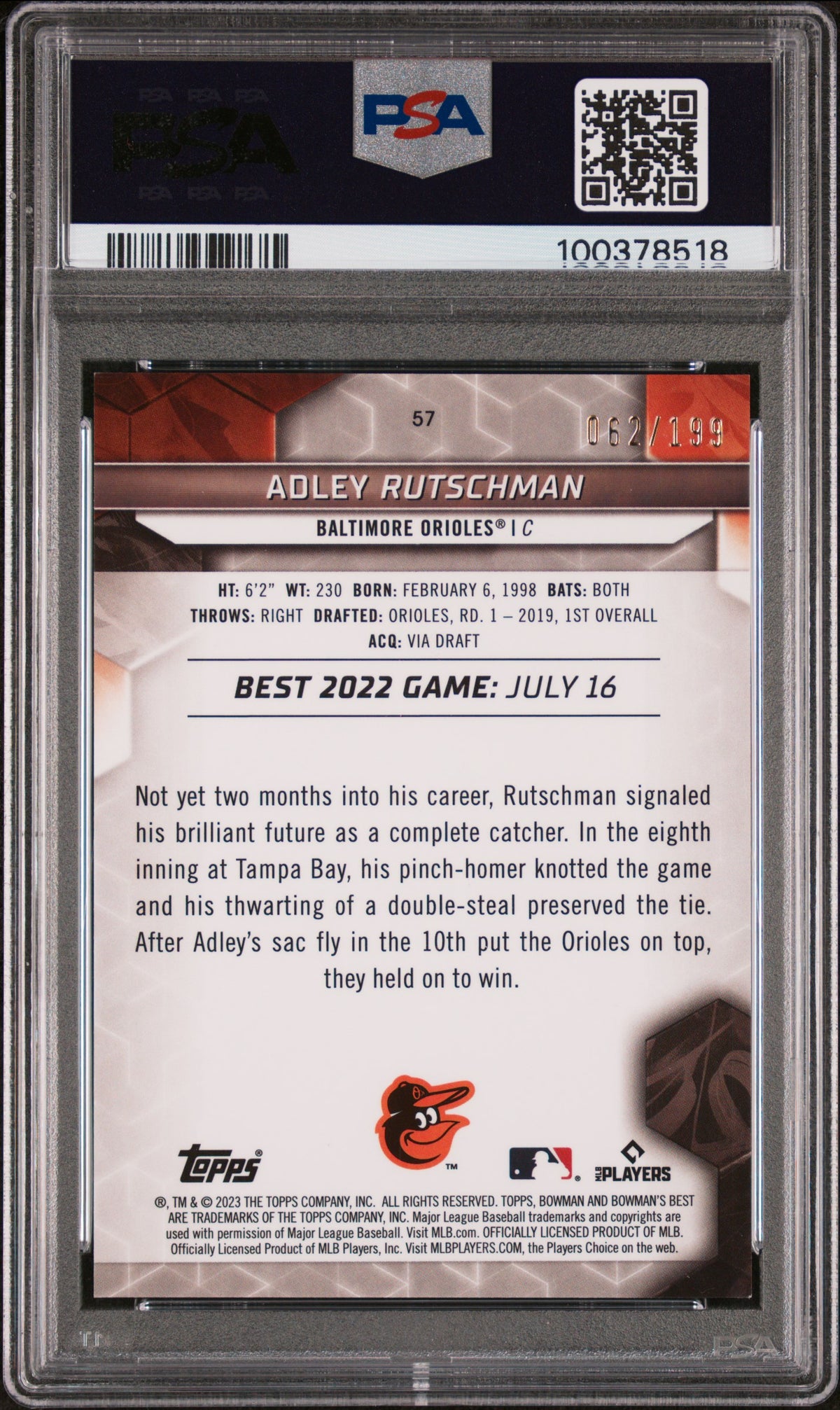 2023 Bowman's Best Adley Rutschman #57 Aqua Lava PSA 9