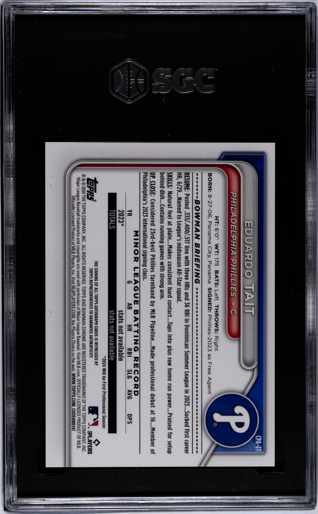 2024 Bowman Chrome Eduardo Tait #CPA-ET Auto Green . Refractor SGC 9.5 Auto 10