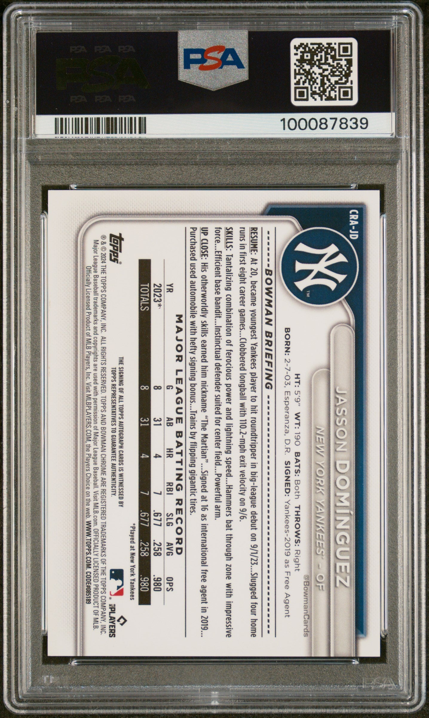 2024 Bowman Chrome Rookie AutoJasson Dominguez #CRAJD Orange Ref 02/25 PSA 10