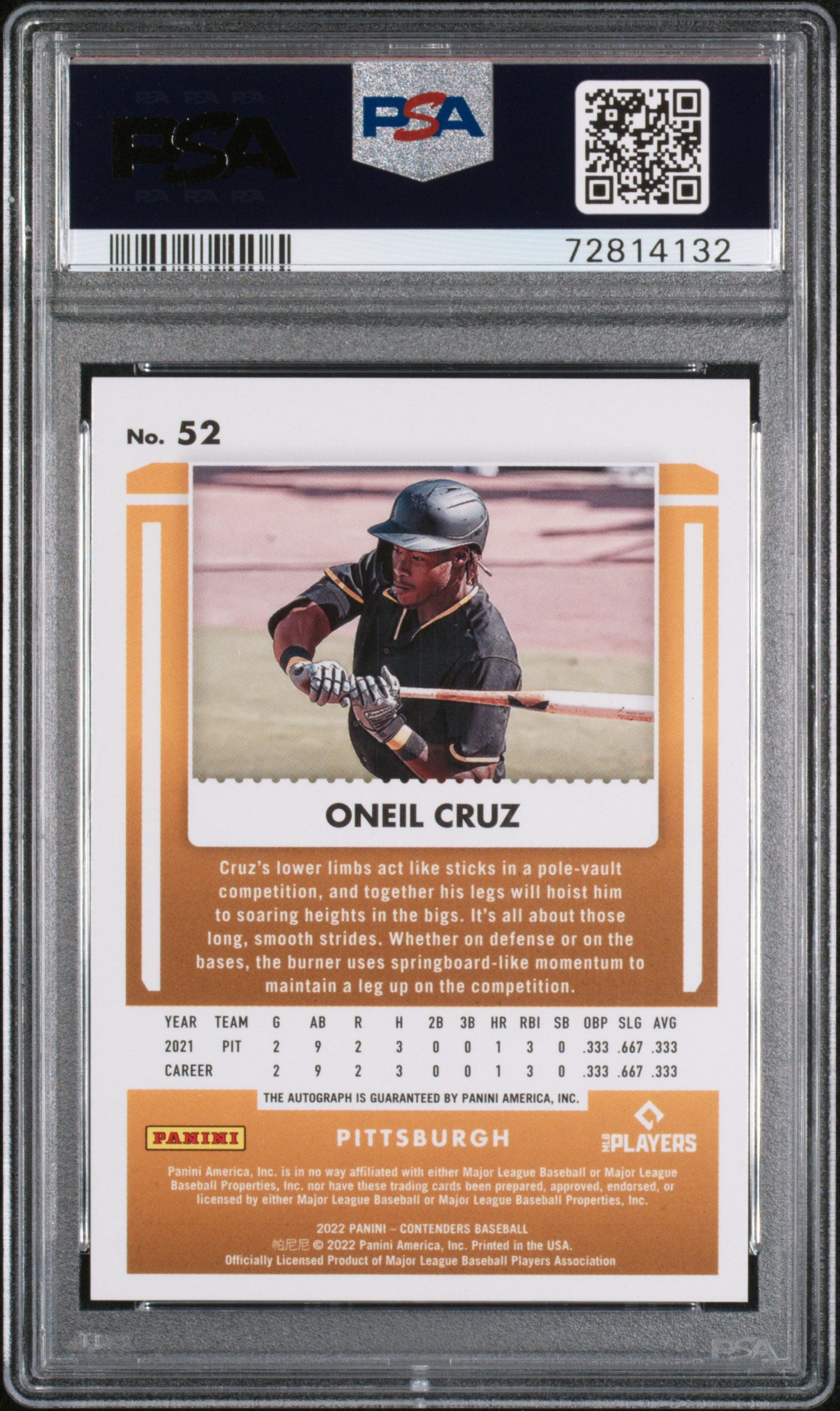 2022 Panini Contenders RC Ticket Auto Oneil Cruz #52 Blue Draft PSA /15