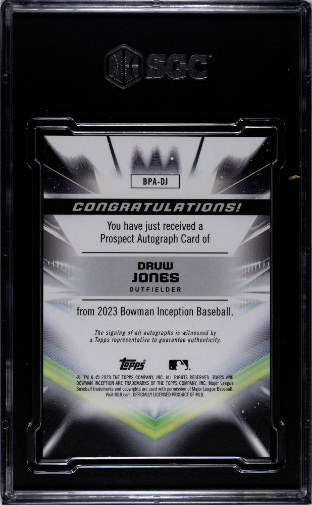2023 Bowman Inception Druw Jones #BPA-DJ Prospect Orange Foil SGC 10 Auto 10