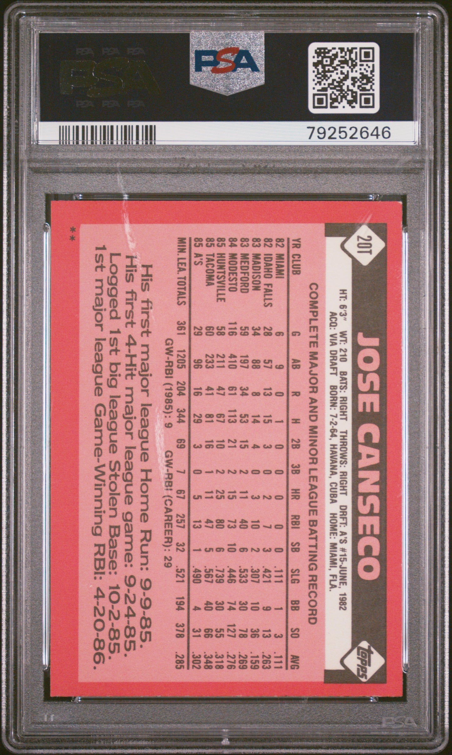 1986 Topps Traded Jose Canseco #20T PSA 8