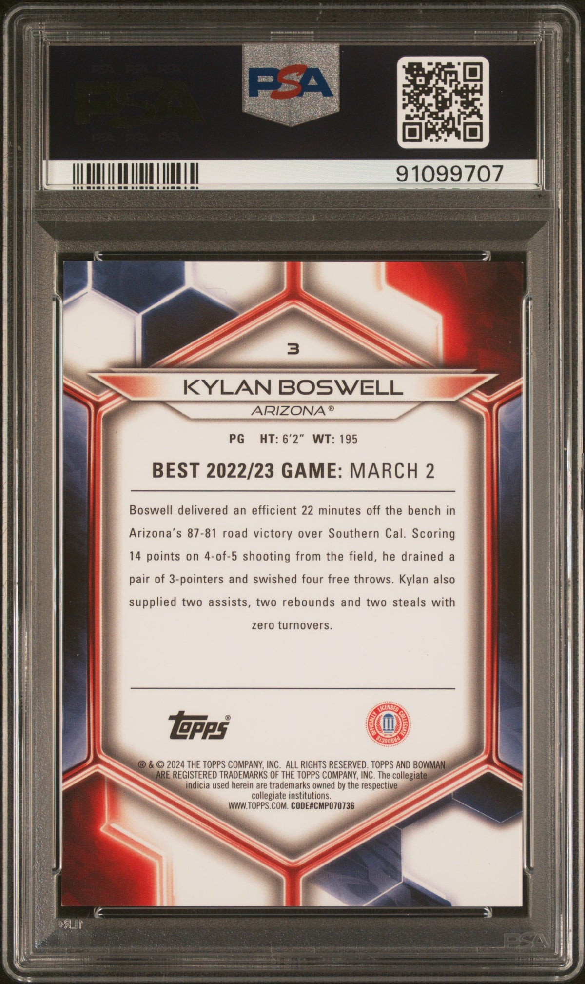 2023 Bowman University Best Kylan Boswell #3 Blue Refractor 092/150 PSA 9