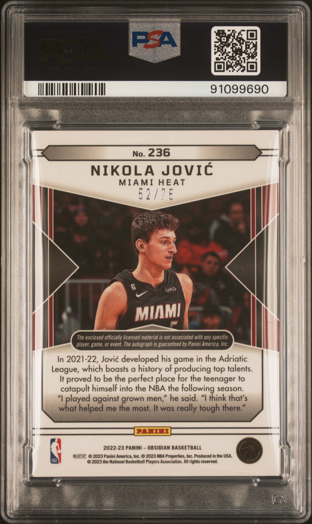 2022 Panini Obsidian Nikola Jovic #236 Jsy Au Electric Etch Purple PSA 9