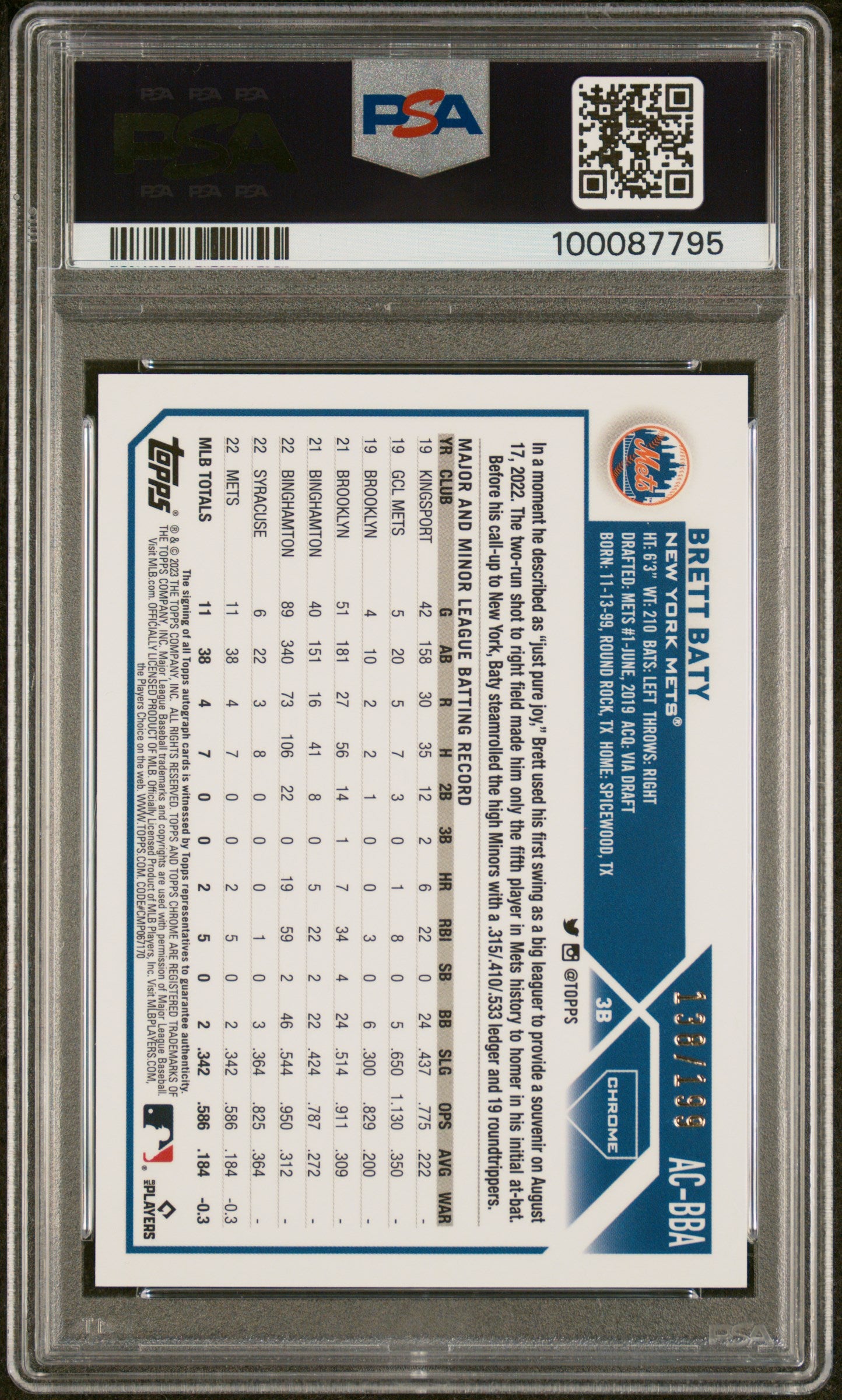 2023 Topps Chrome Update Autograph Brett Baty #ACBBA Aqua Wave Ref PSA 10