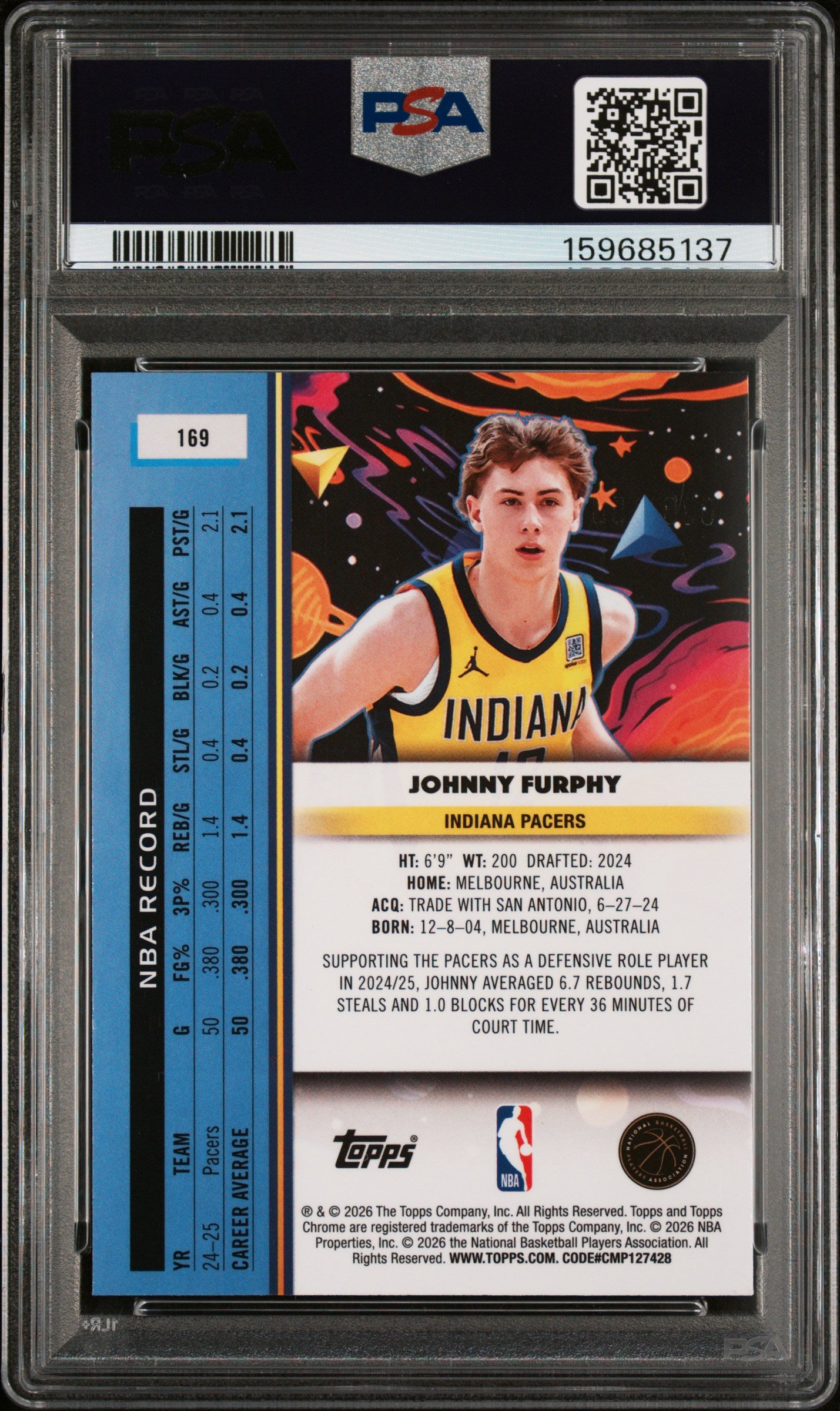 2025 Topps Cosmic Chrome Johnny Furphy #169 Purple Nebula 150/150 PSA 8