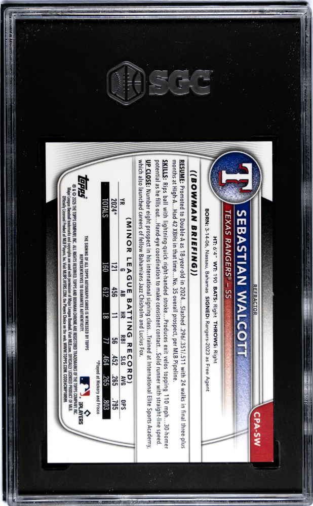 2025 Bowman Sebastian Walcott #CPA-SW Prospect Auto Refractor SGC 9 Auto 10