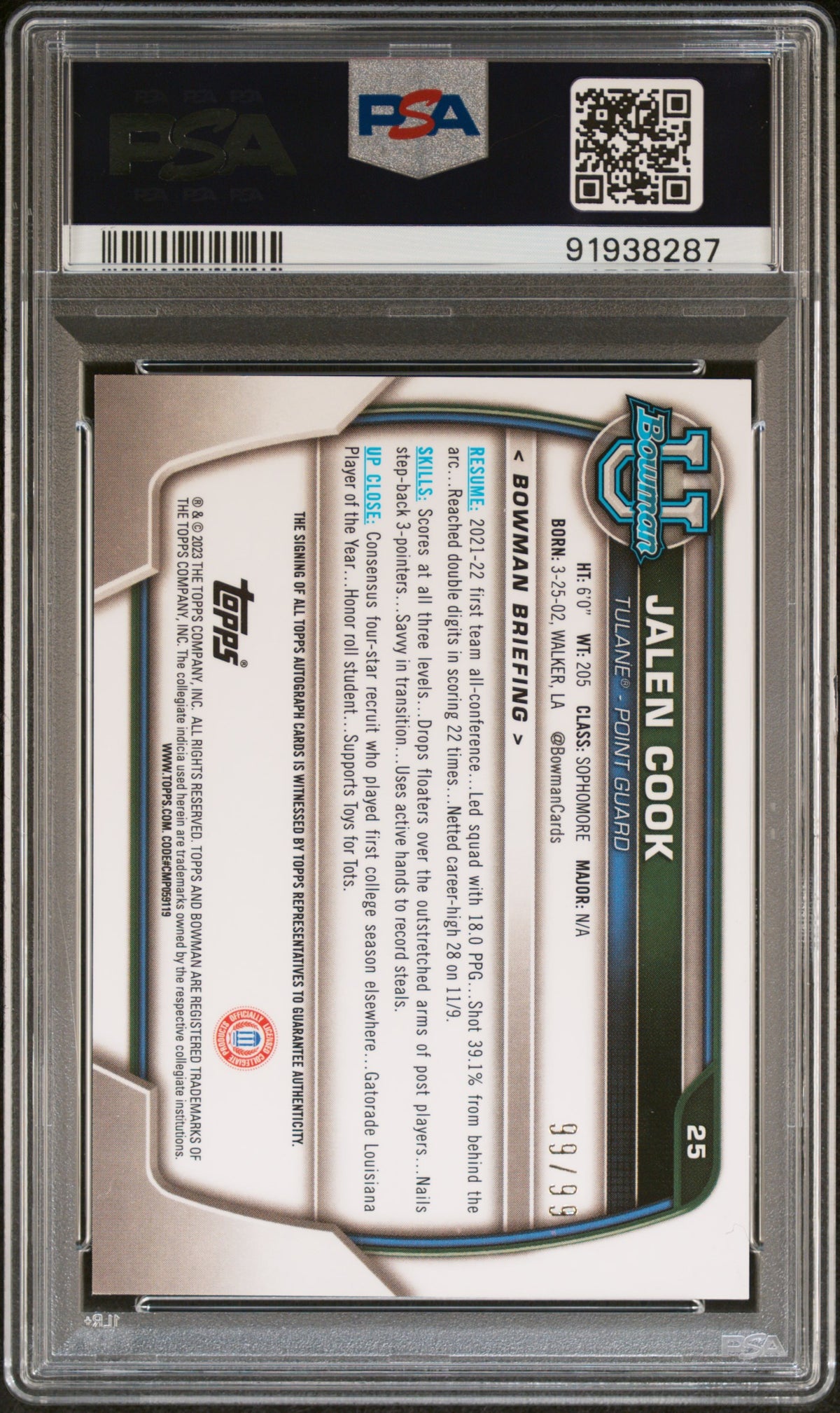 2022 Bowman Chrome University Jalen Cook #25 Prospect Auto Green Ref PSA 10