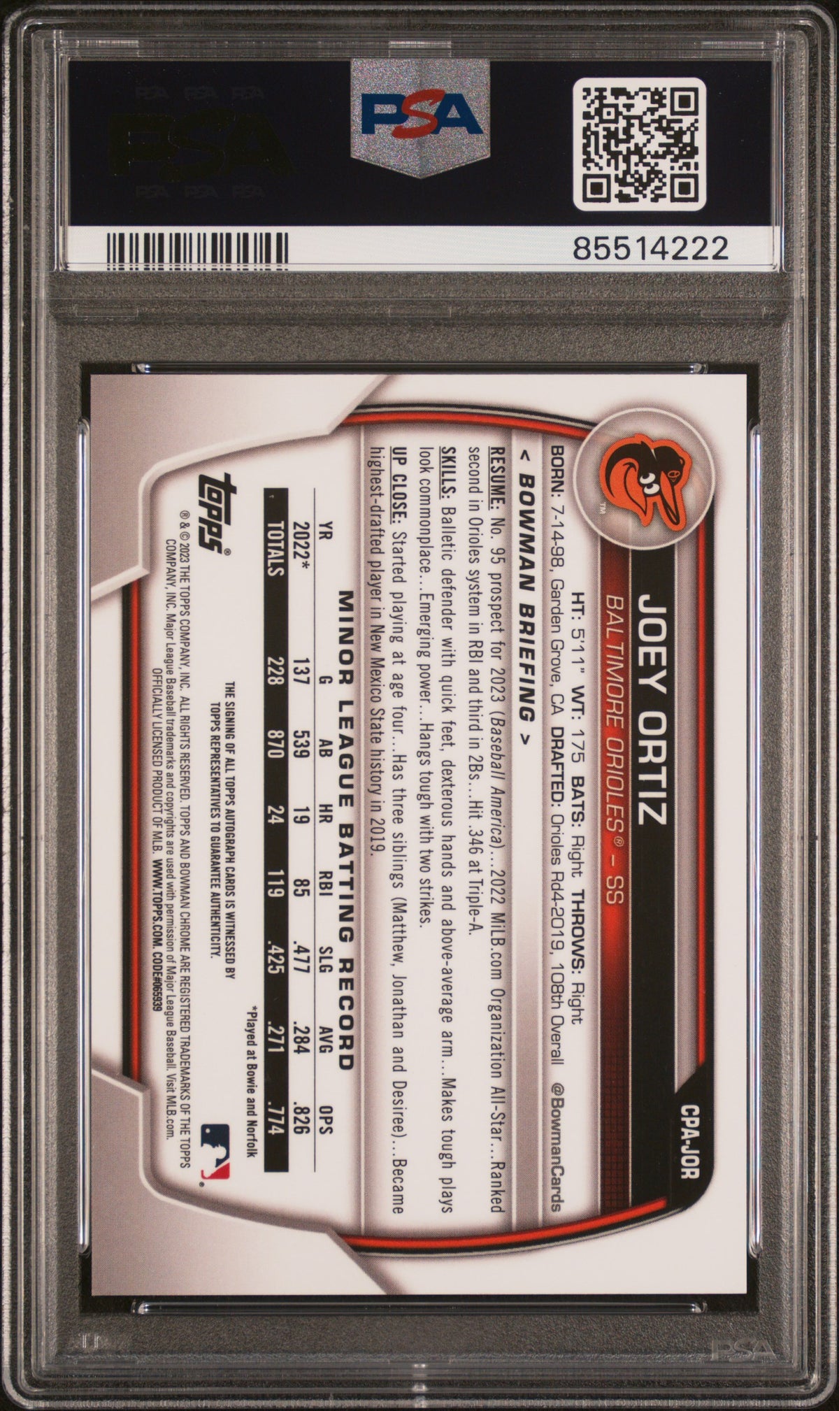 2023 Bowman Chrome Prospect Auto Joey Ortiz #CPAJOR Yellow Ref /75 PSA 9