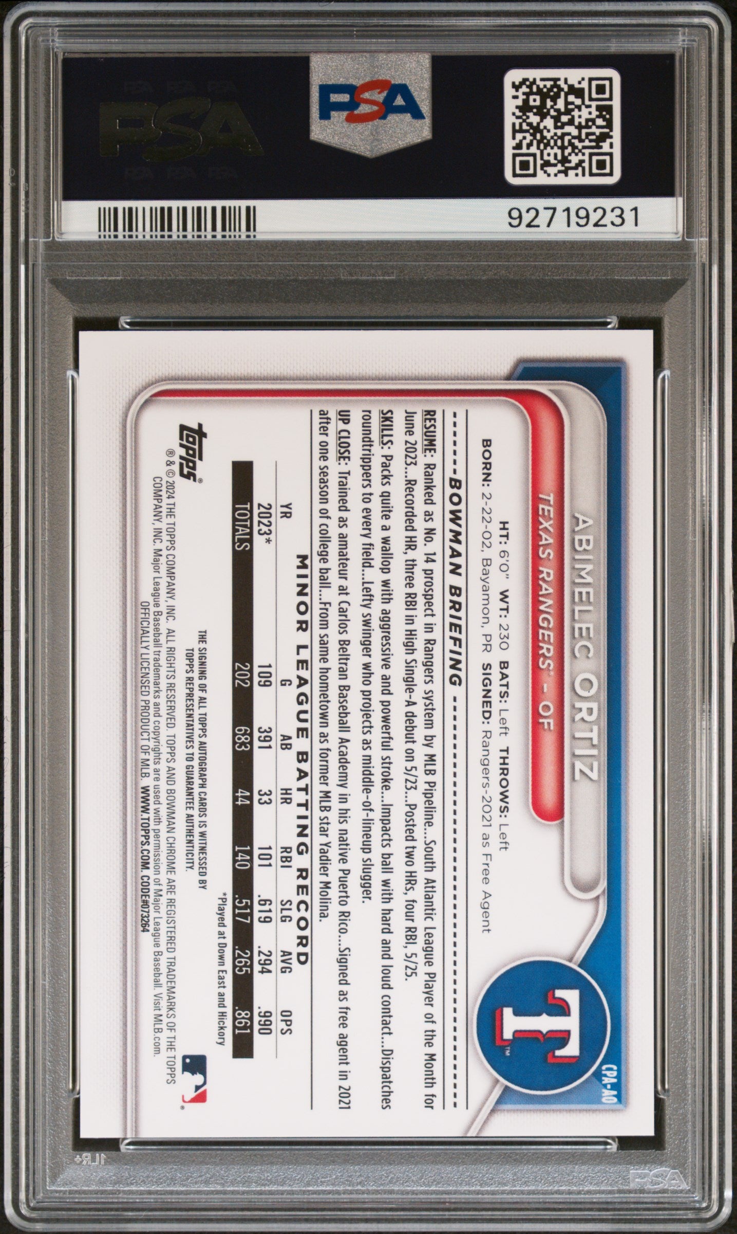 2024 Bowman Prospect Auto Abimelec Ortiz #CPAAO Blu Lunar Ref /150 PSA 10