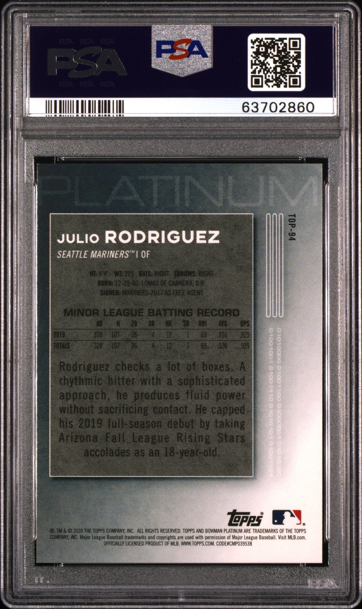 2020 Bowman Platinum Top Prospects Julio Rodriguez #TOP94 Foilfractor 1/1 PSA 9