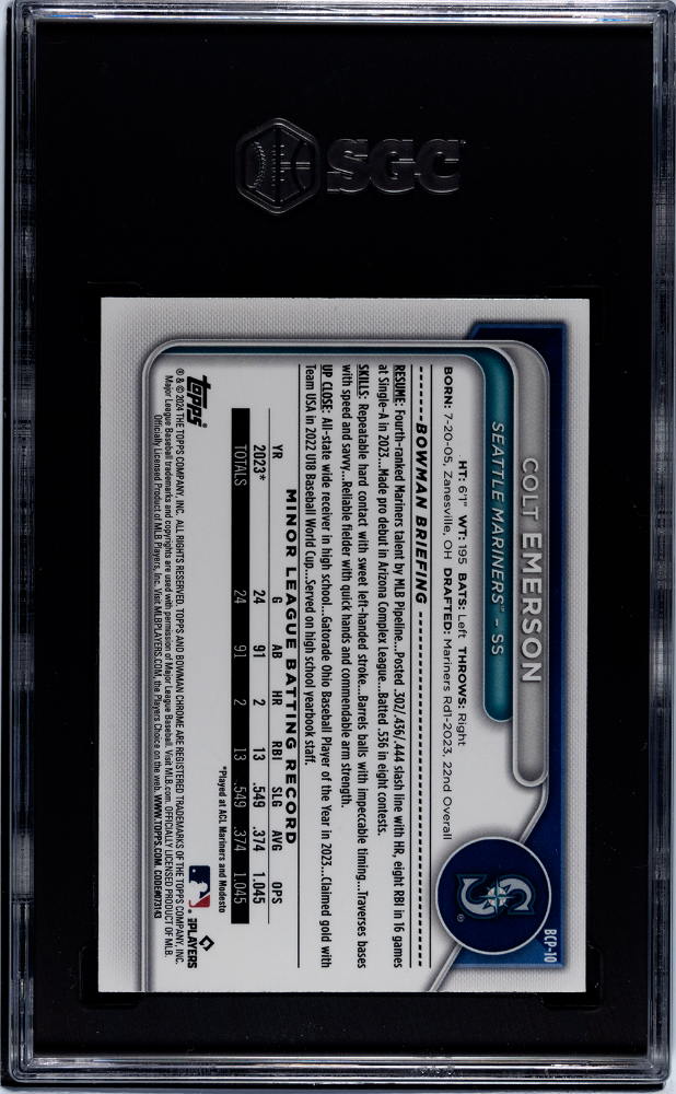 2024 Bowman Sapphire Colt Emerson #BCP-10 Chrome Prospect Orange SGC 9.5