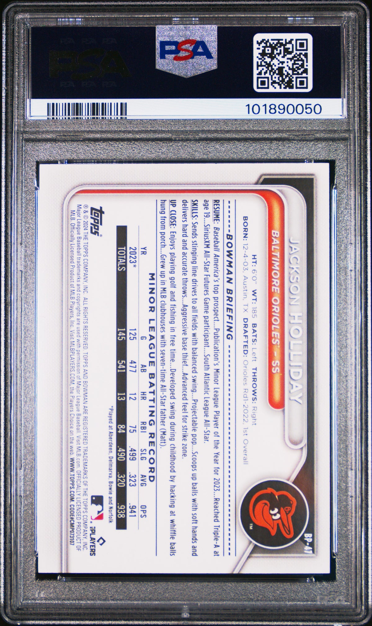 2024 Bowman Paper Prospects Jackson Holliday #BP47 Fuchsia 209/299 PSA 9