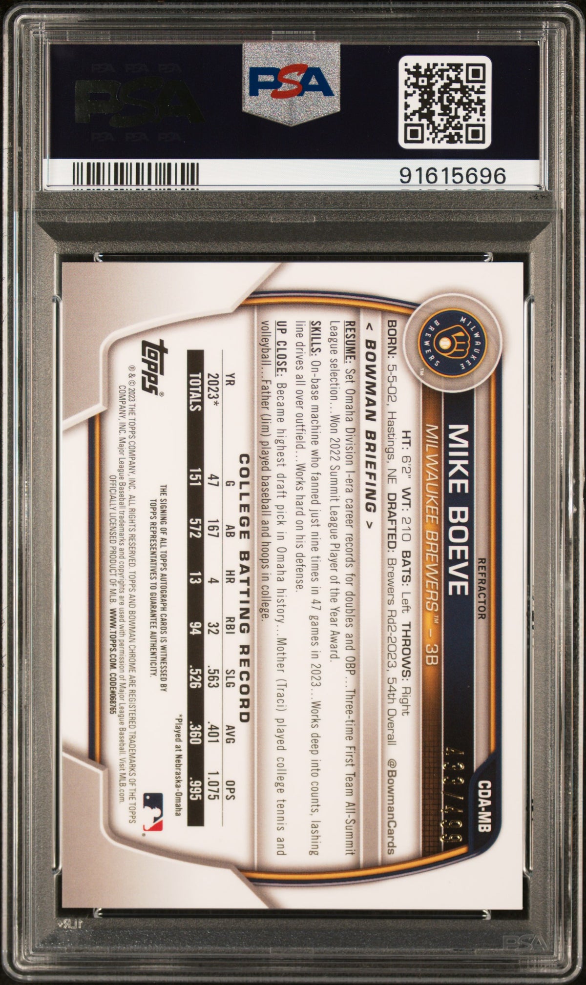 2023 Bowman Draft Chrome Prospect Auto Mike Boeve #CDAMB Prspct Refractor PSA 10